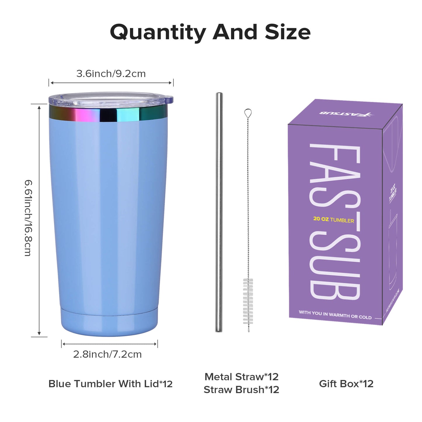 20 oz Stainless Steel Tumbler Rainbow Plated - Blue | 12 Pack - FASTSUB