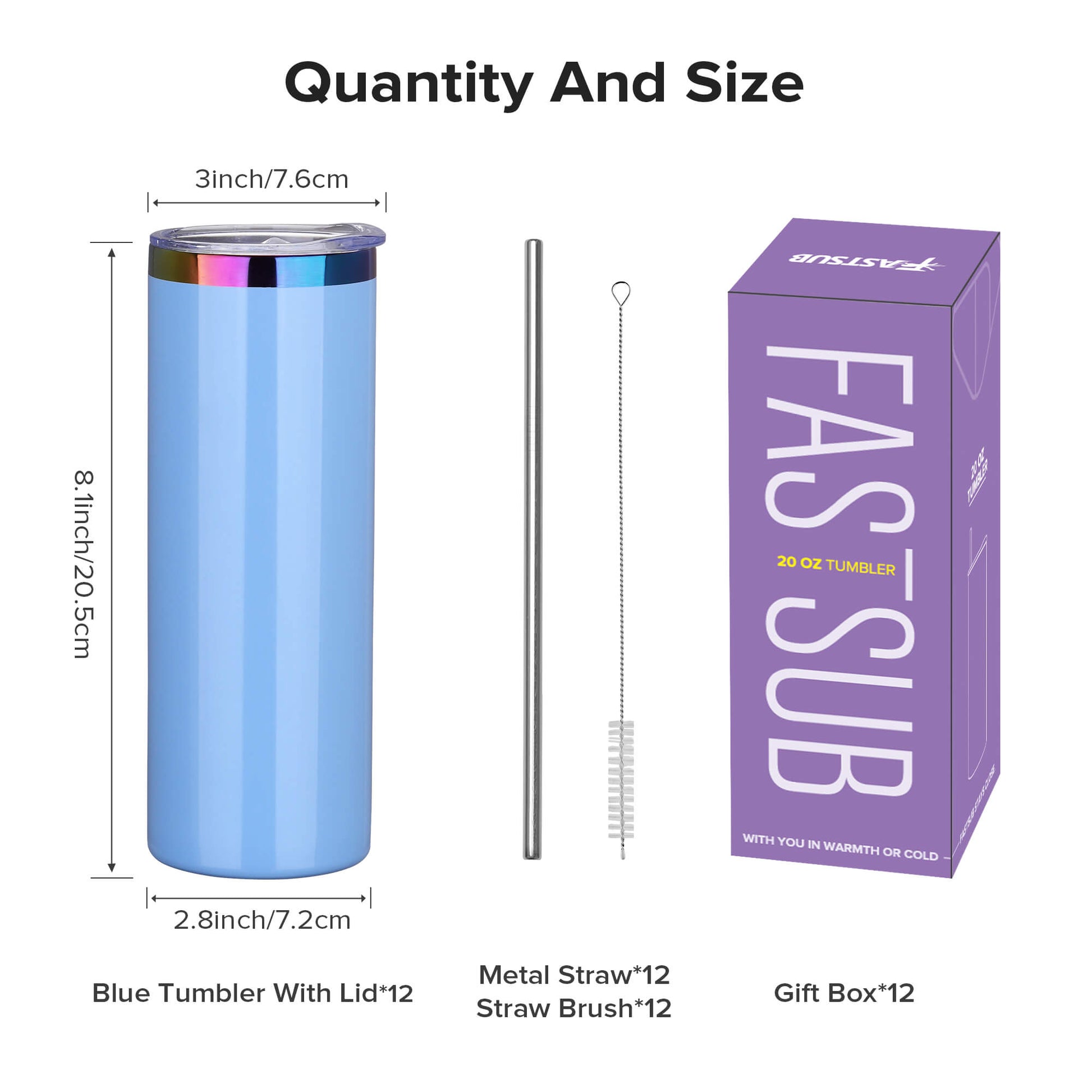 20 oz Glossy Coated Skinny Straight Tumbler - Blue | 12 Pack - FASTSUB