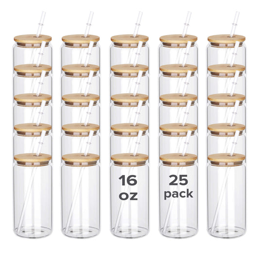glass can with lid and straw wholesale, 16oz Clear Glass Tumbler Sublimation | 25 Pack - FASTSUB