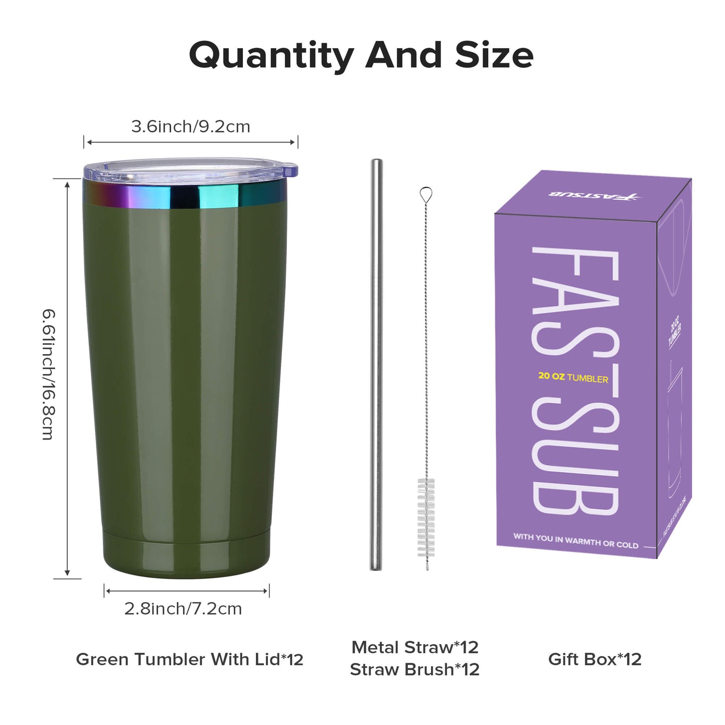 20 oz Stainless Steel Tumbler Rainbow Plated - Green | 12 Pack - FASTSUB