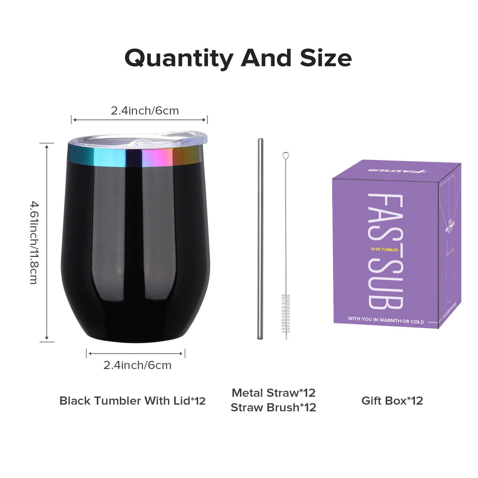 12 oz Stainless Steel Wine Tumbler Rainbow Plated - Black | 12 Pack - FASTSUB