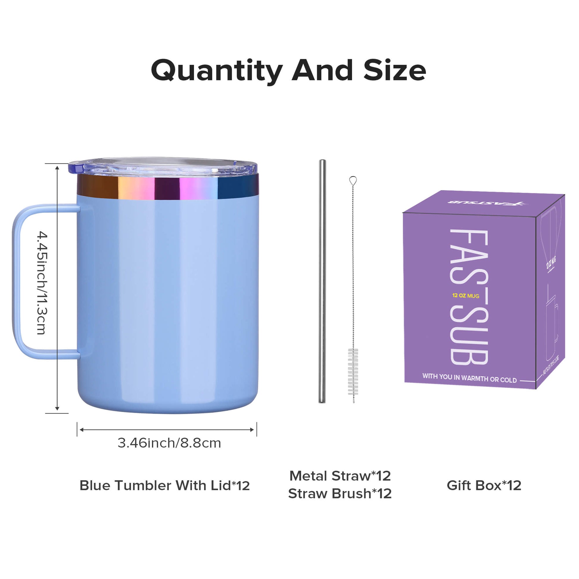 12 oz Stainless Steel Mug Rainbow Plated - Blue | 12 Pack - FASTSUB
