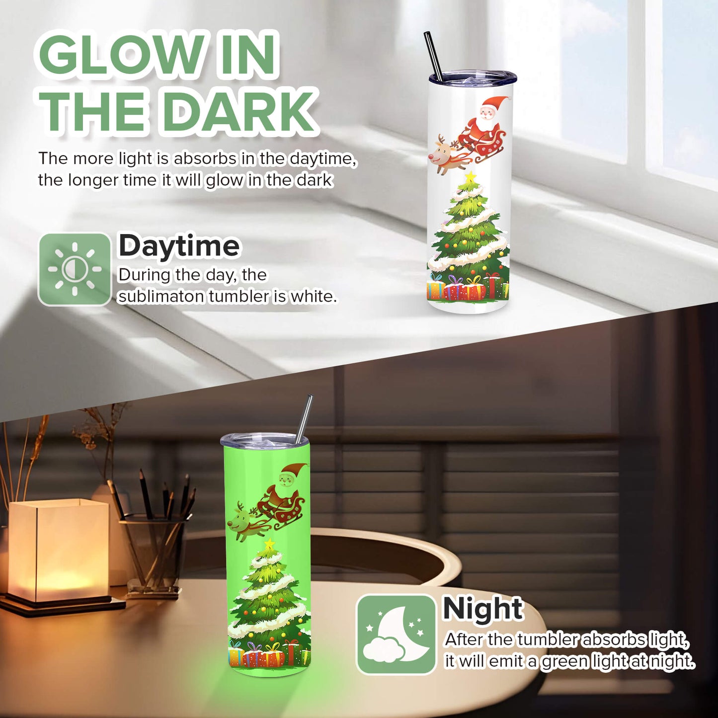 20oz Sublimation Skinny Tumbler - Green Glow In The Dark | 25 Pack - FASTSUB