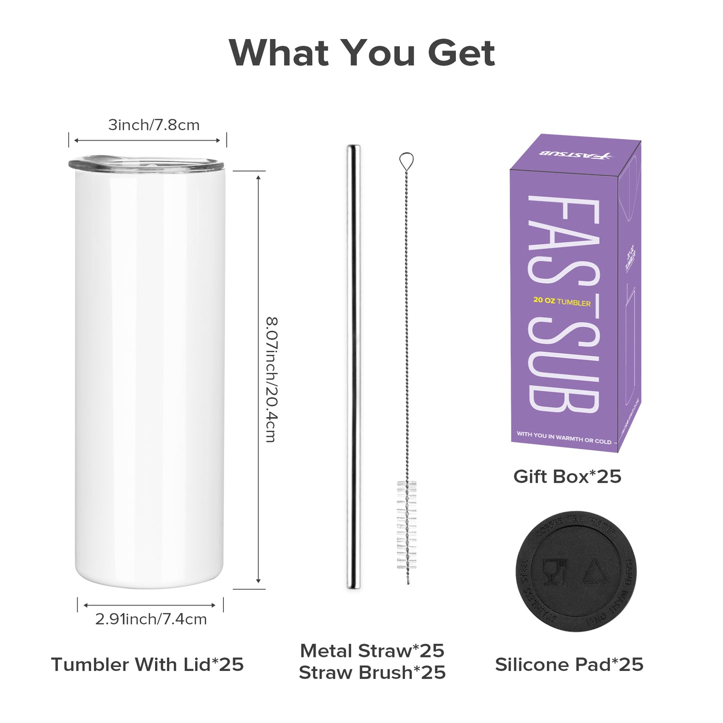 20 oz Skinny Sublimation Tumblers Wholesale | 25 Pack