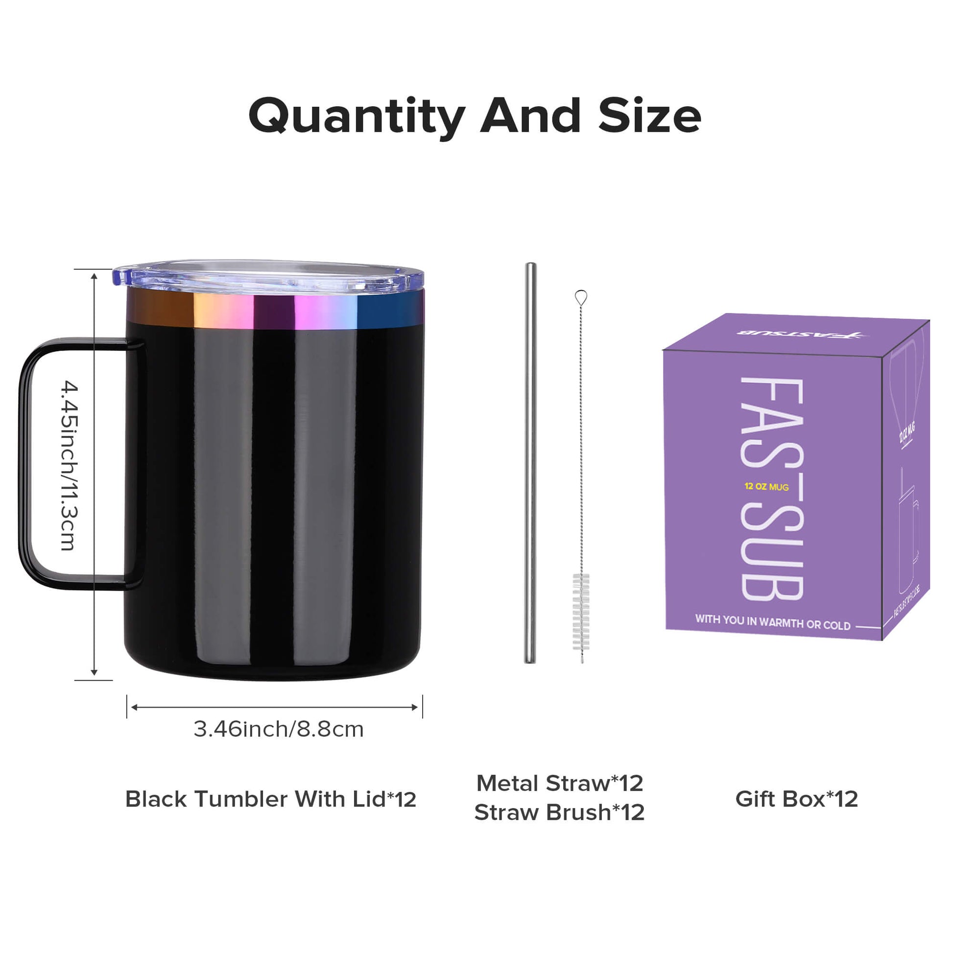 12 oz Stainless Steel Mug Rainbow Plated - Black | 12 Pack - FASTSUB