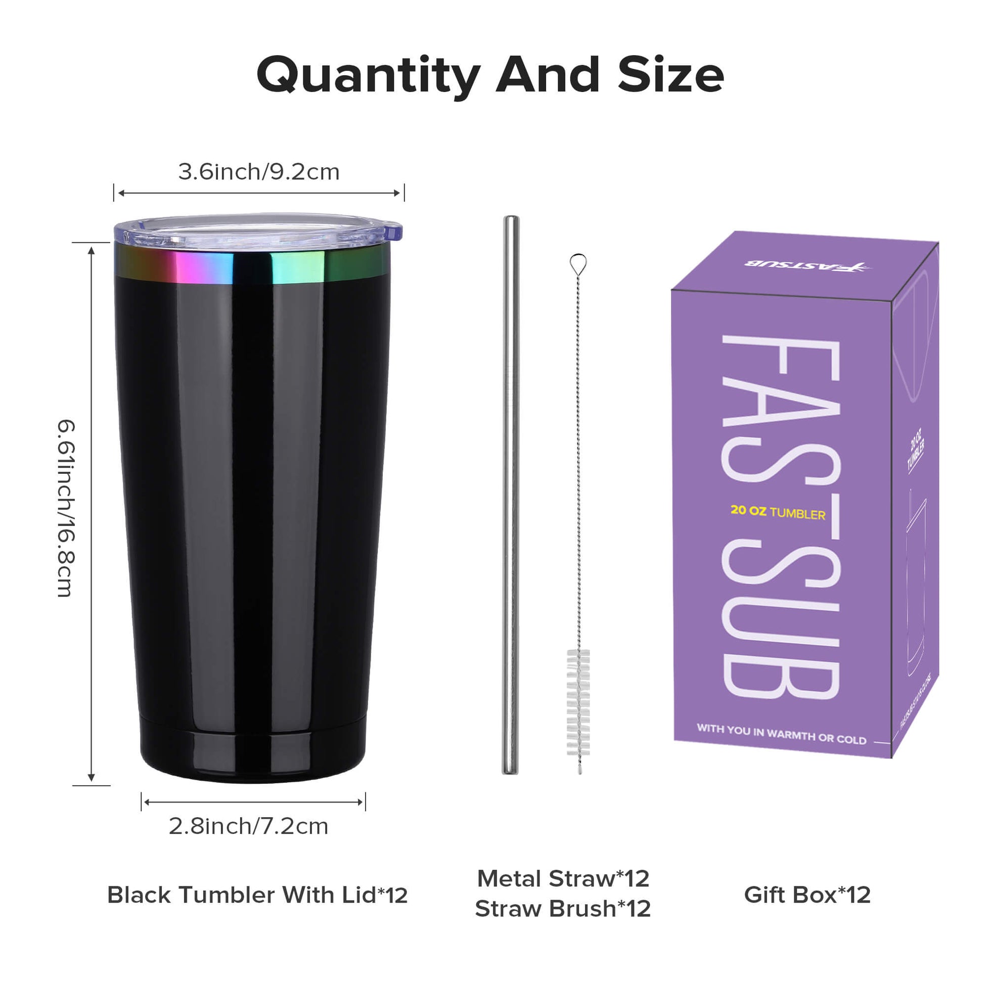 20 oz Stainless Steel Tumbler Rainbow Plated - Black | 12 Pack - FASTSUB