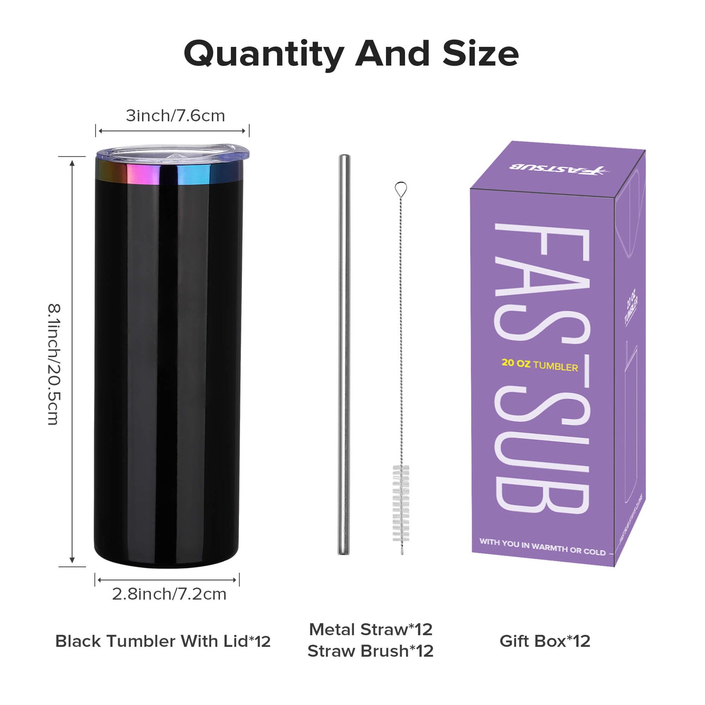 20 oz Glossy Coated Skinny Straight Tumbler - Black | 12 Pack