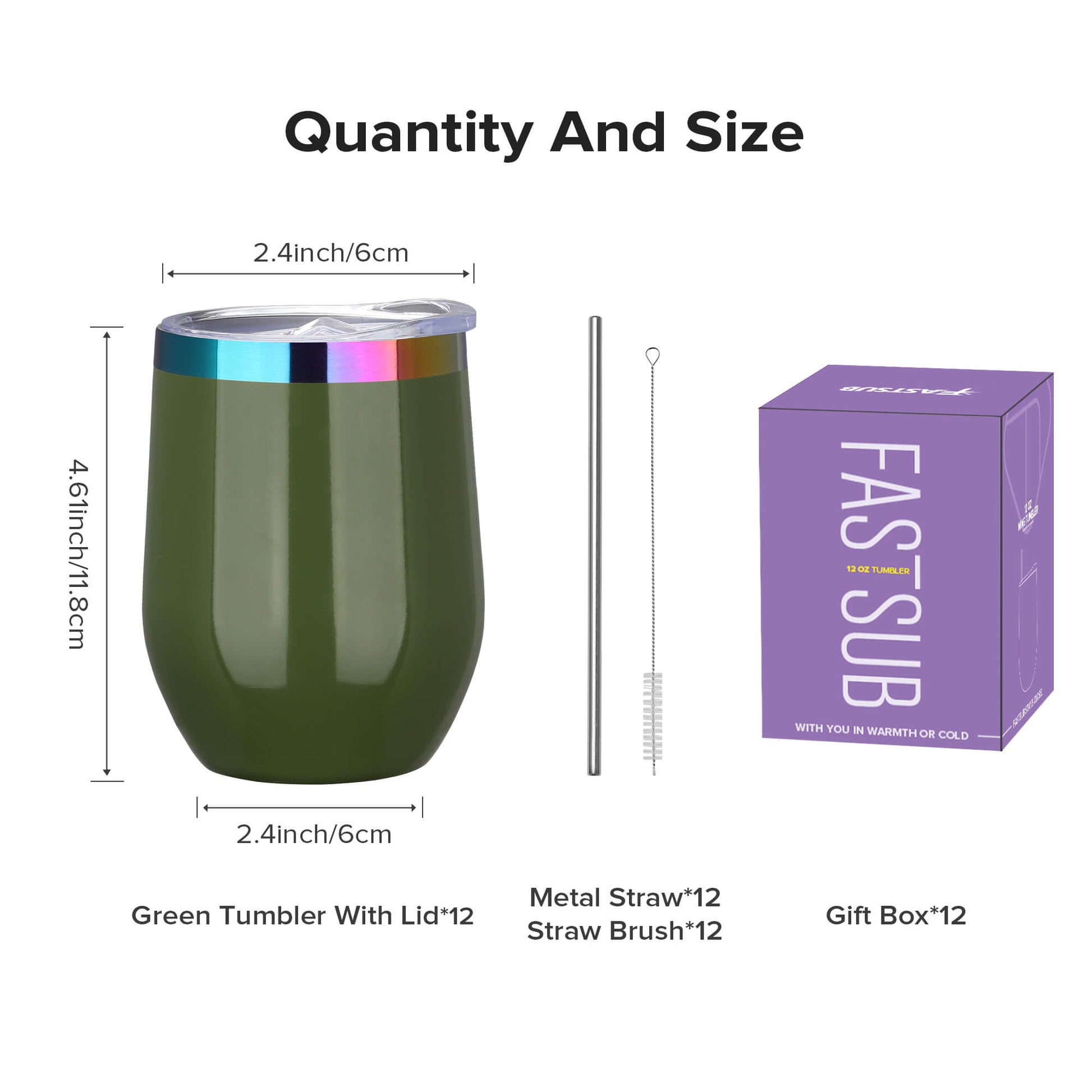 12 oz Stainless Steel Wine Tumbler Rainbow Plated - Green | 12 Pack - FASTSUB