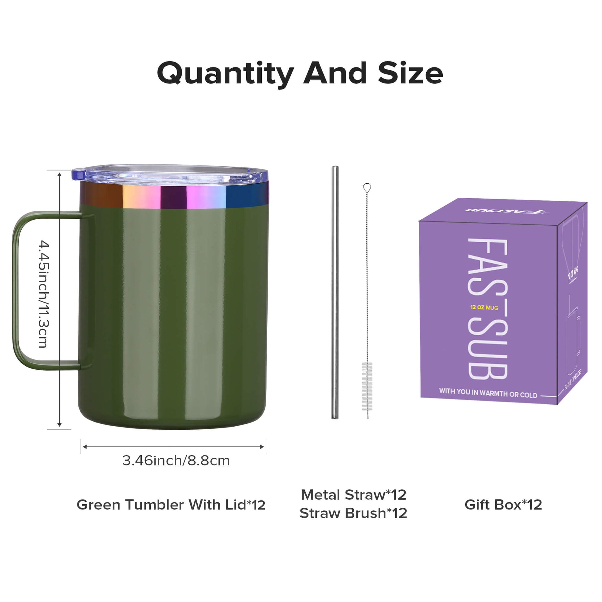 12 oz Stainless Steel Mug Rainbow Plated - Green | 12 Pack - FASTSUB