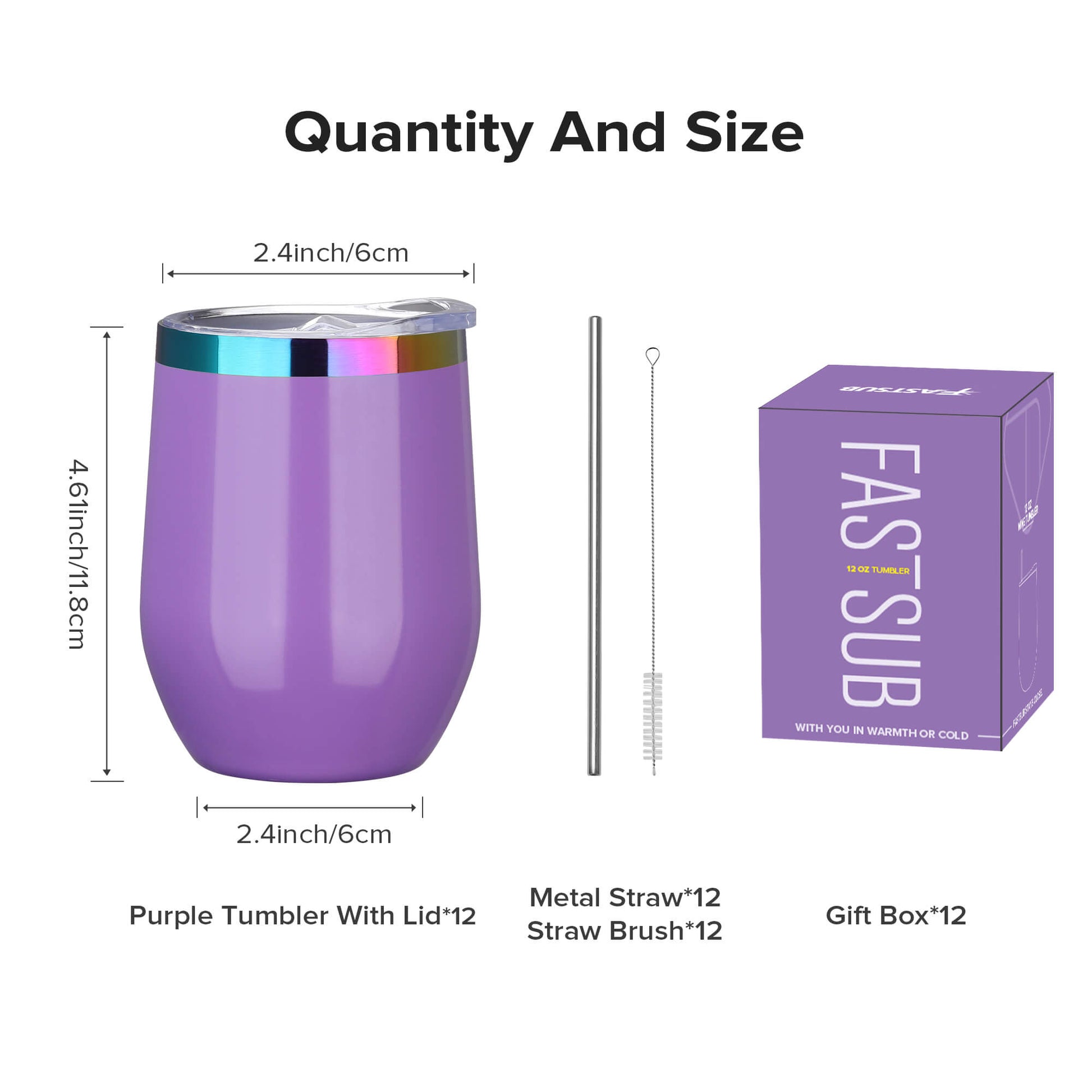 12 oz Stainless Steel Wine Tumbler Rainbow Plated - Purple | 12 Pack - FASTSUB