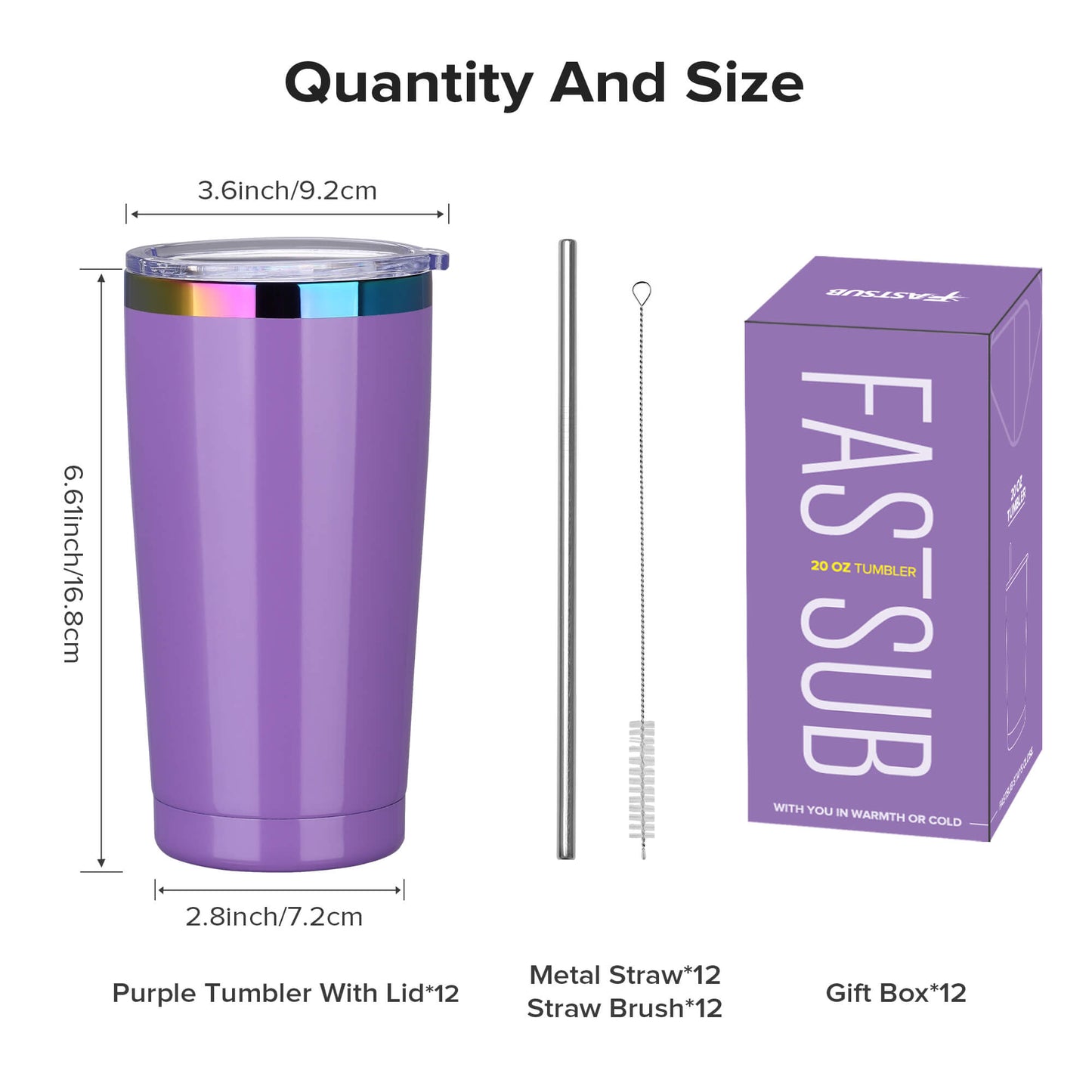 20 oz Stainless Steel Tumbler Rainbow Plated - Purple | 12 Pack - FASTSUB
