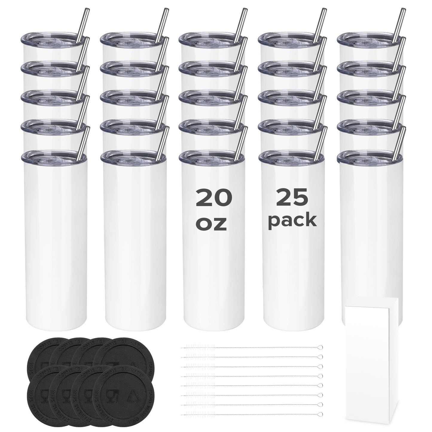 20 oz Skinny Sublimation Tumblers - Metal Straw | 25 Pack