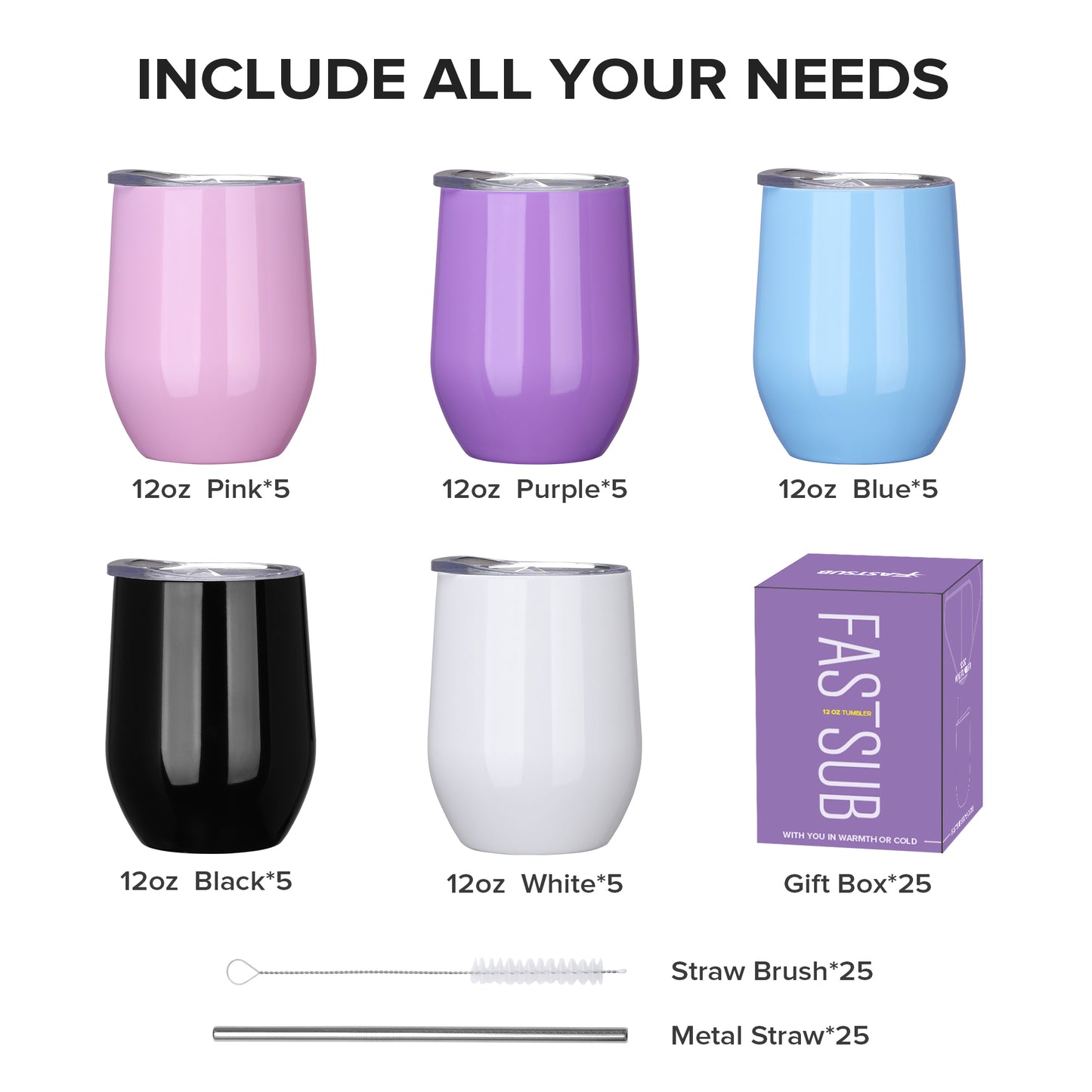 12 oz Powder Coated Wine Tumbler Cups Bulk | 25 Pack - FASTSUB