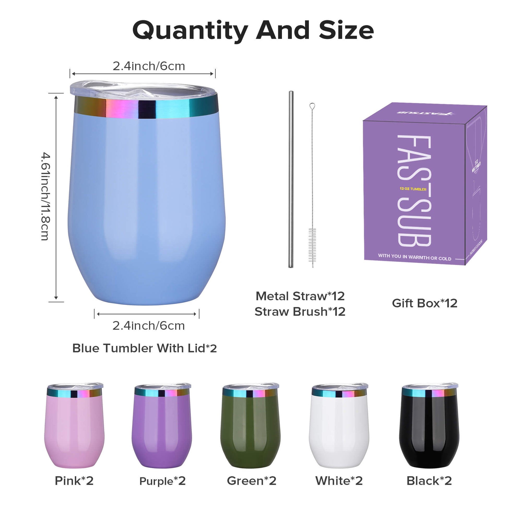 12 oz Stainless Steel Wine Tumbler Rainbow Plated - Mixed Color | 12 Pack - FASTSUB