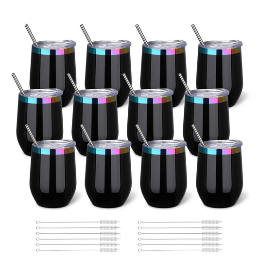 12 oz Stainless Steel Wine Tumbler Rainbow Plated - Black | 12 Pack - FASTSUB