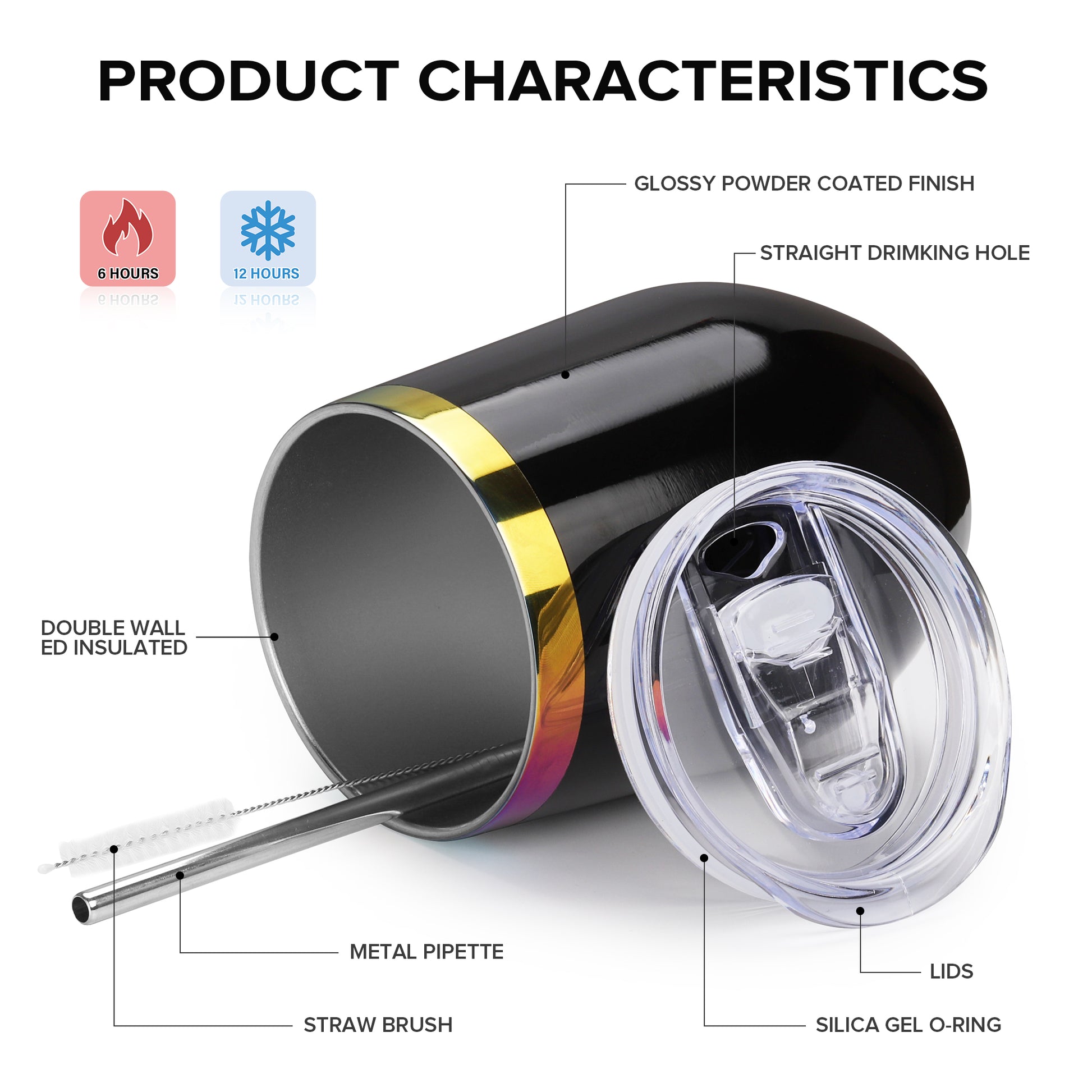 12 oz Stainless Steel Wine Tumbler Rainbow Plated - Black | 12 Pack - FASTSUB