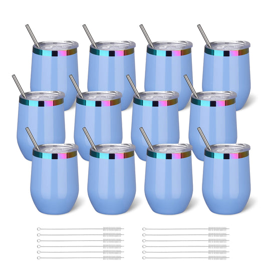 12 oz Stainless Steel Wine Tumbler Rainbow Plated - Blue | 12 Pack - FASTSUB