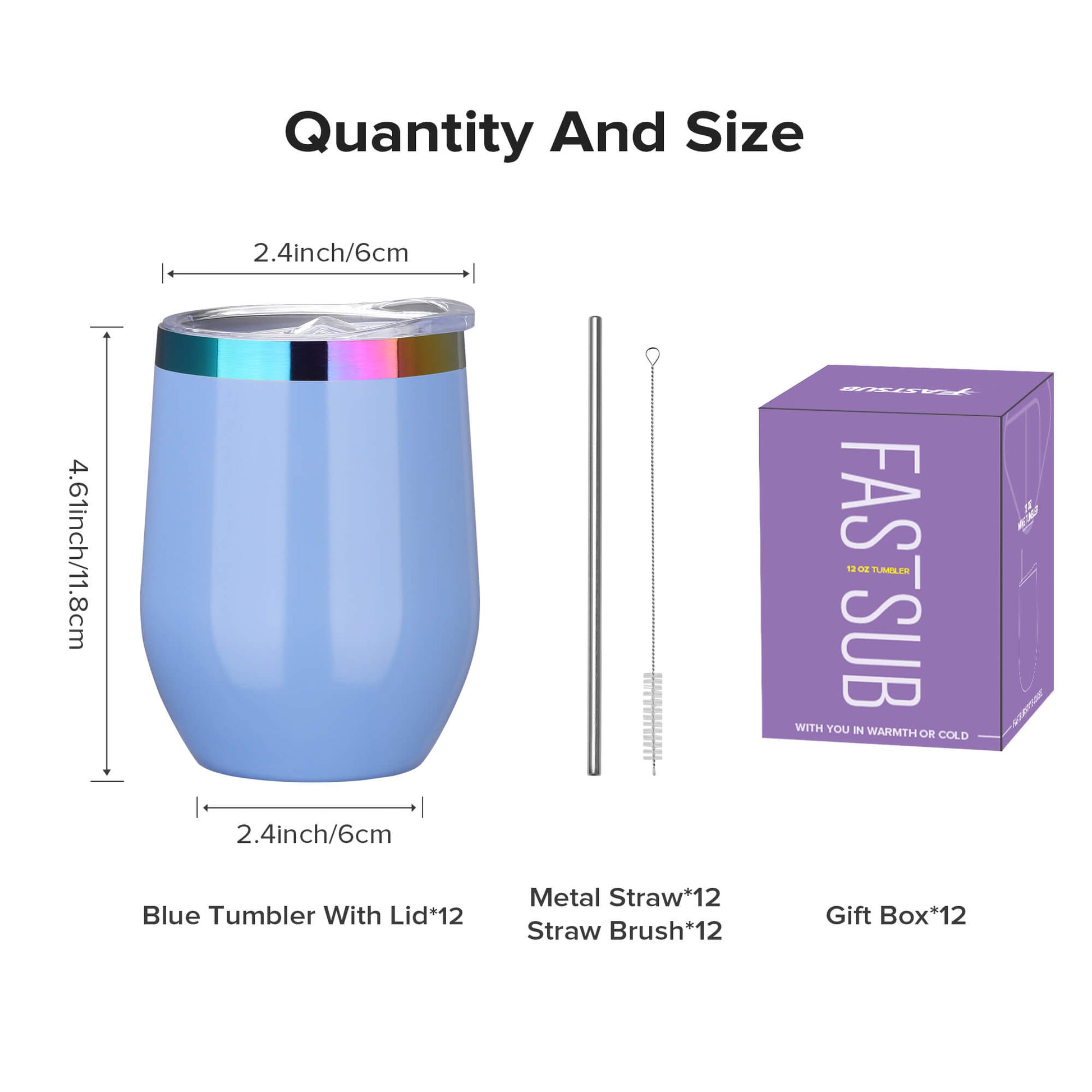12 oz Stainless Steel Wine Tumbler Rainbow Plated - Blue | 12 Pack - FASTSUB