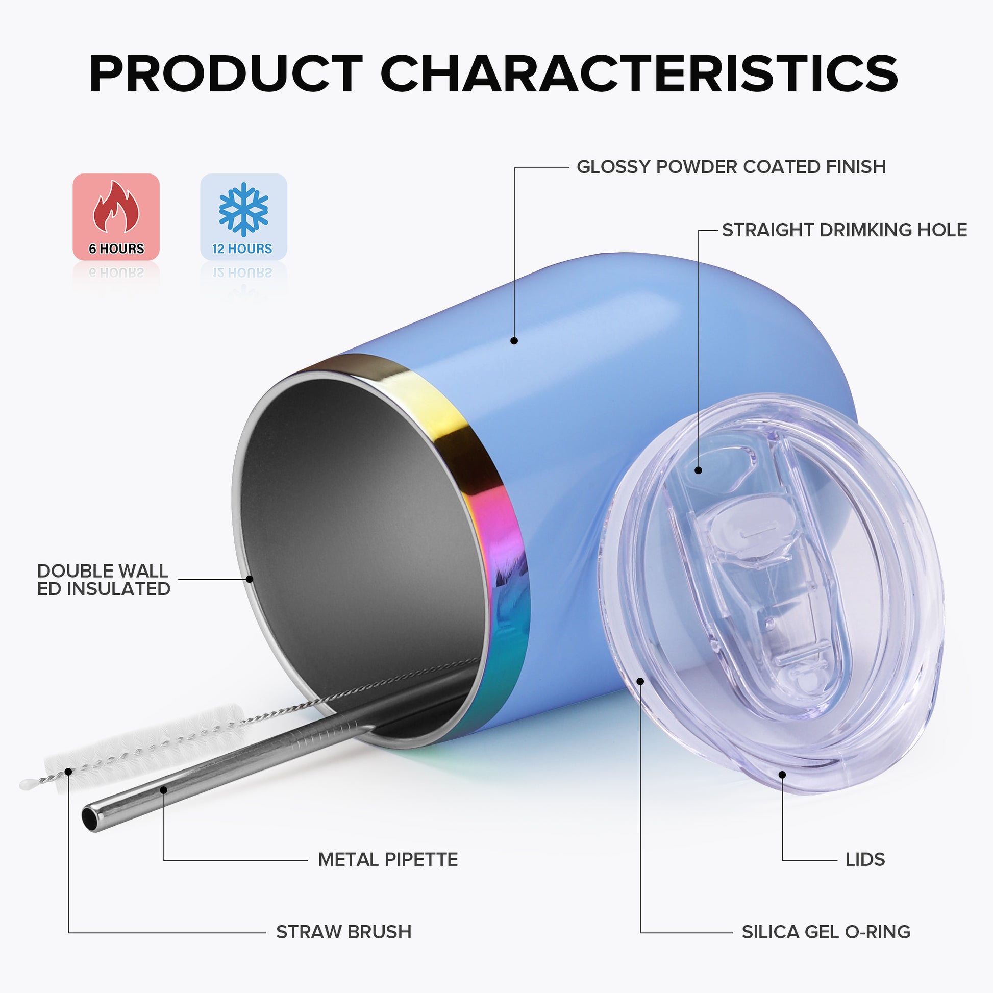 12 oz Stainless Steel Wine Tumbler Rainbow Plated - Blue | 12 Pack - FASTSUB