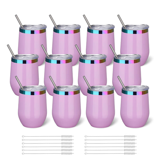 12 oz Stainless Steel Wine Tumbler Rainbow Plated - Pink | 12 Pack - FASTSUB