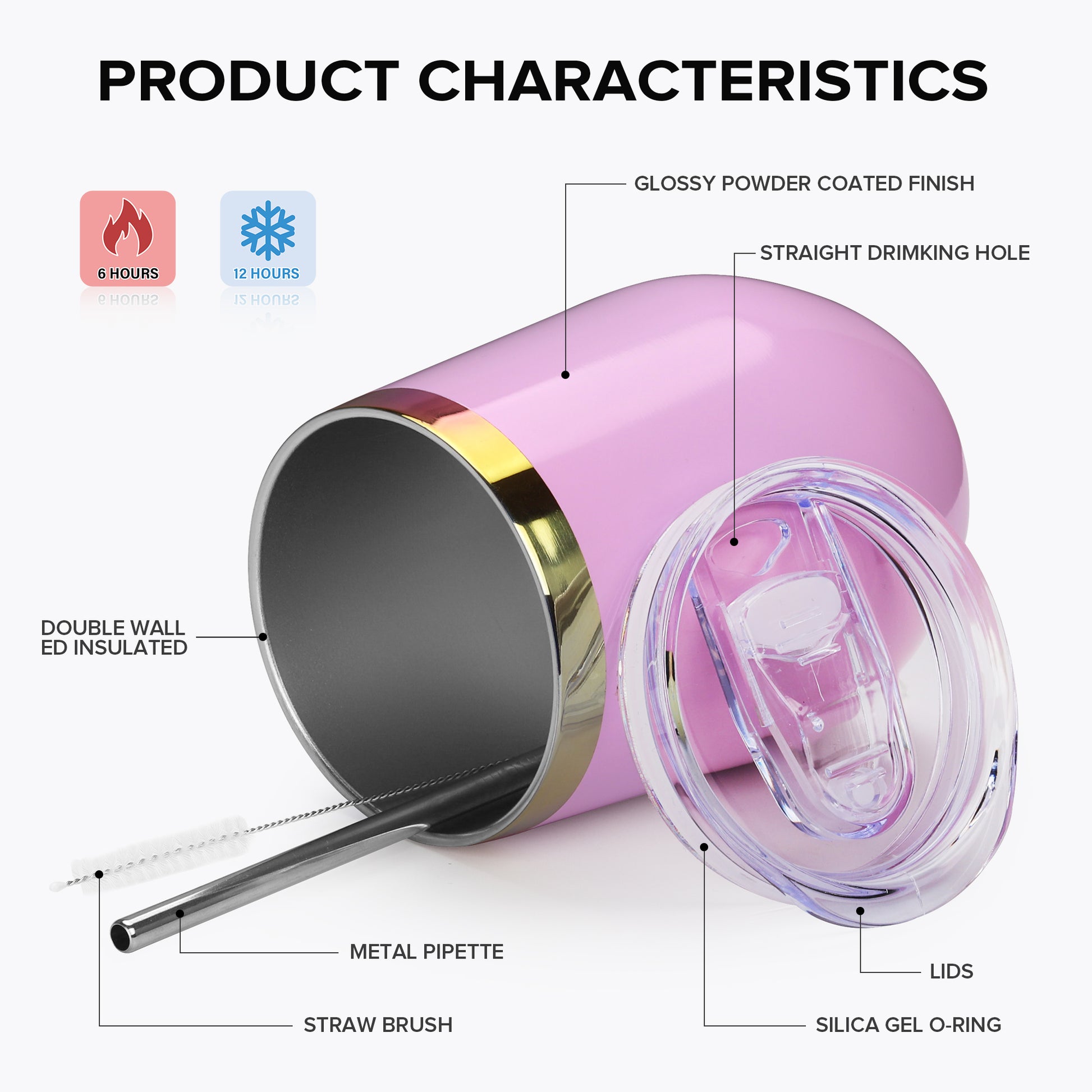 12 oz Stainless Steel Wine Tumbler Rainbow Plated - Pink | 12 Pack - FASTSUB