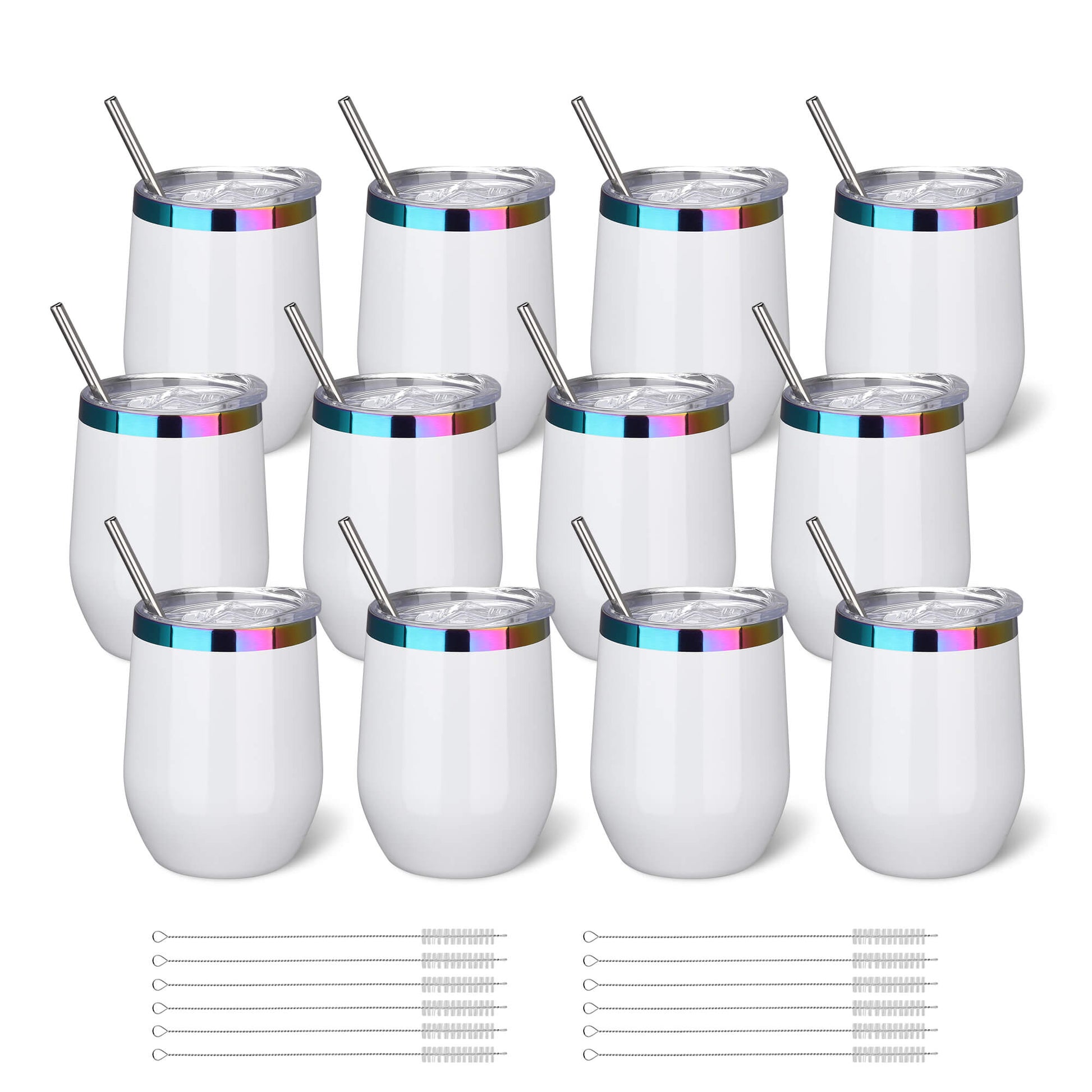 12 oz Stainless Steel Wine Tumbler Rainbow Plated - White | 12 Pack - FASTSUB