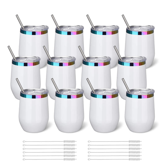 12 oz Stainless Steel Wine Tumbler Rainbow Plated - White | 12 Pack - FASTSUB