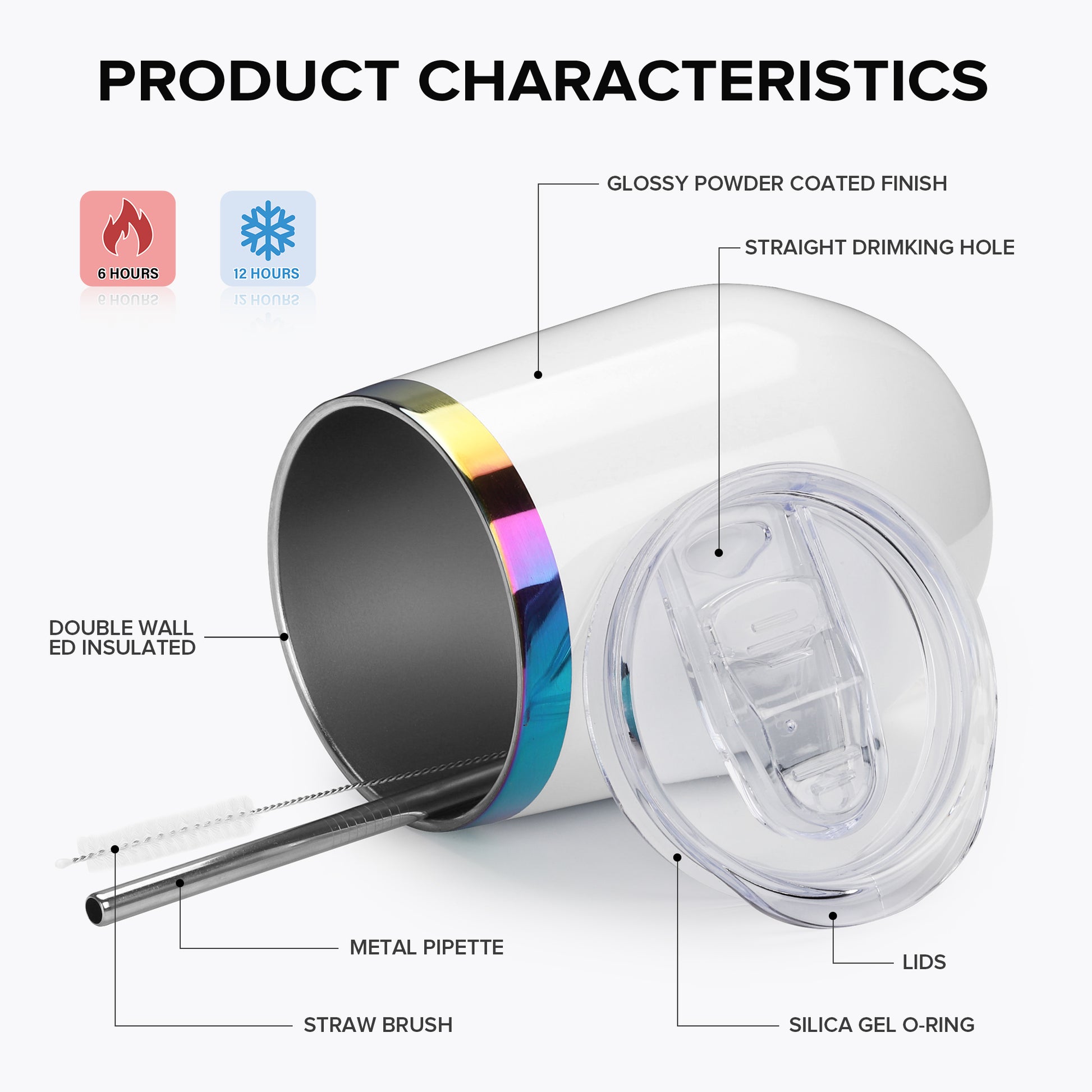 12 oz Stainless Steel Wine Tumbler Rainbow Plated - White | 12 Pack - FASTSUB