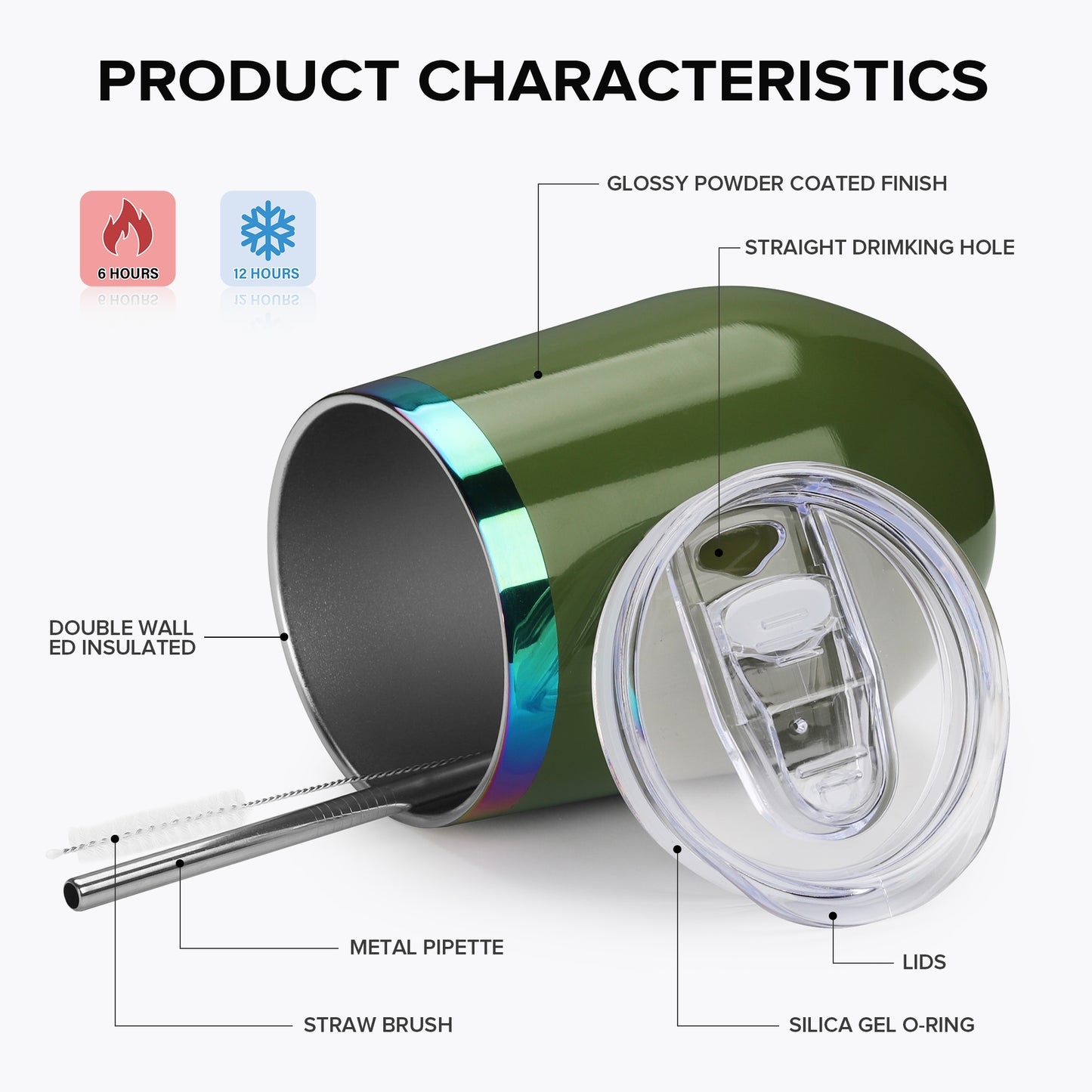 12 oz Stainless Steel Wine Tumbler Rainbow Plated - Green | 12 Pack - FASTSUB