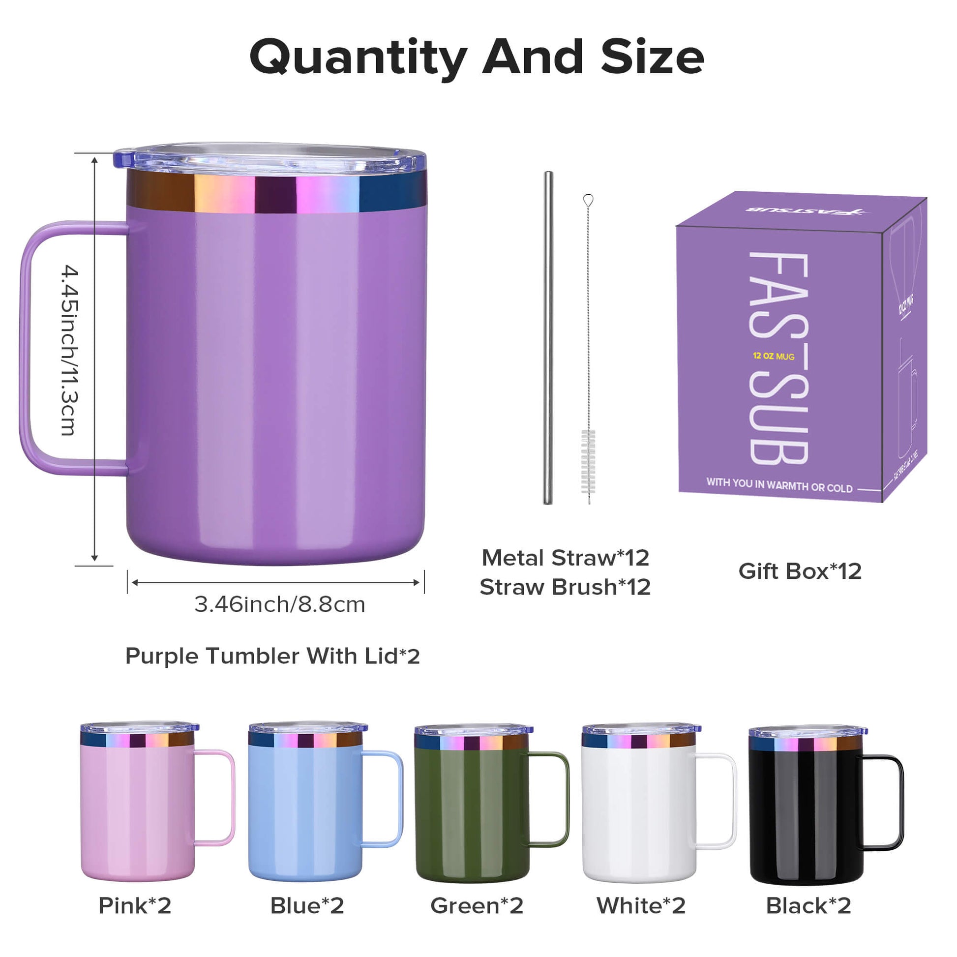 12 oz Stainless Steel Mug Rainbow Plated - Mixed Color | 12 Pack - FASTSUB