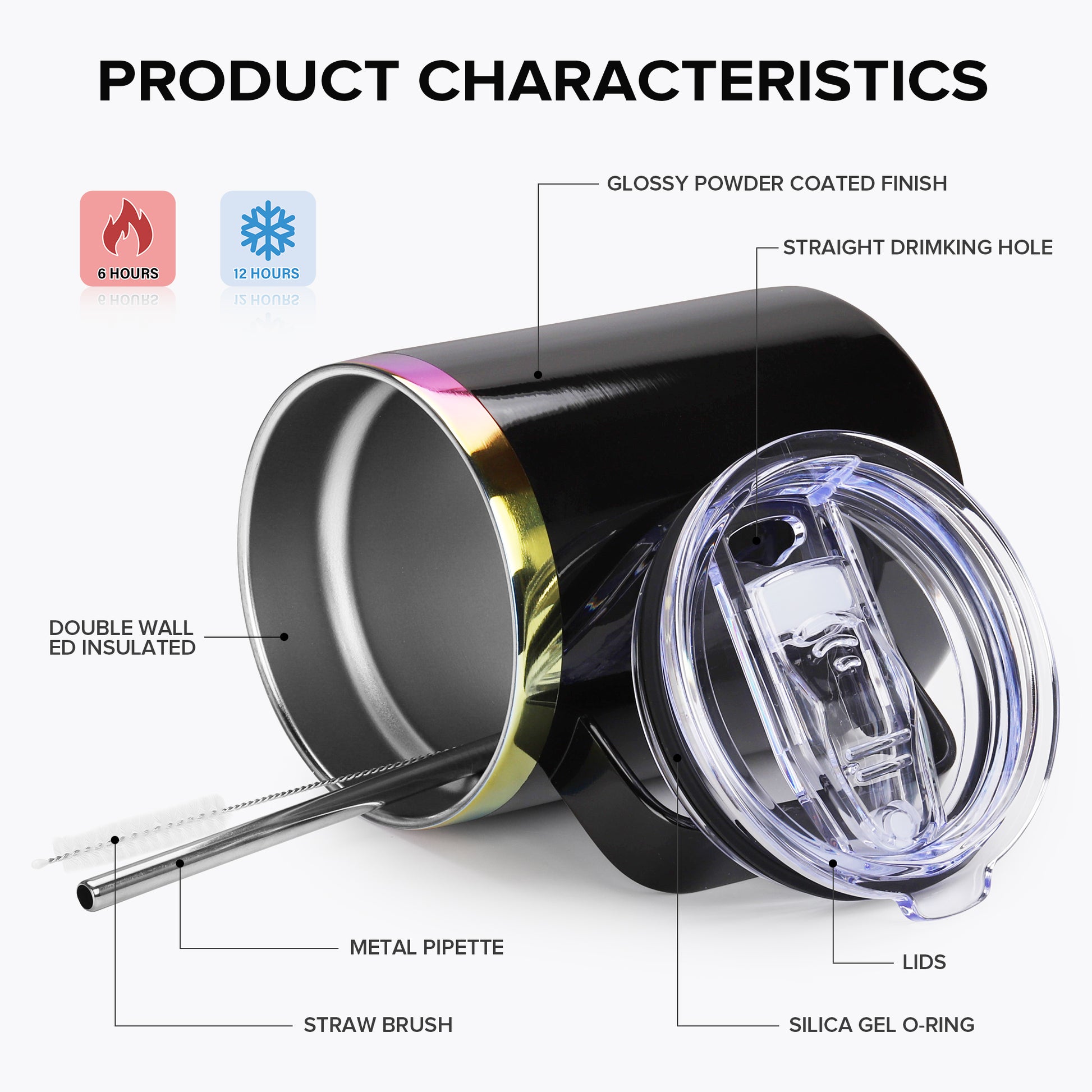 12 oz Stainless Steel Mug Rainbow Plated - Black | 12 Pack - FASTSUB