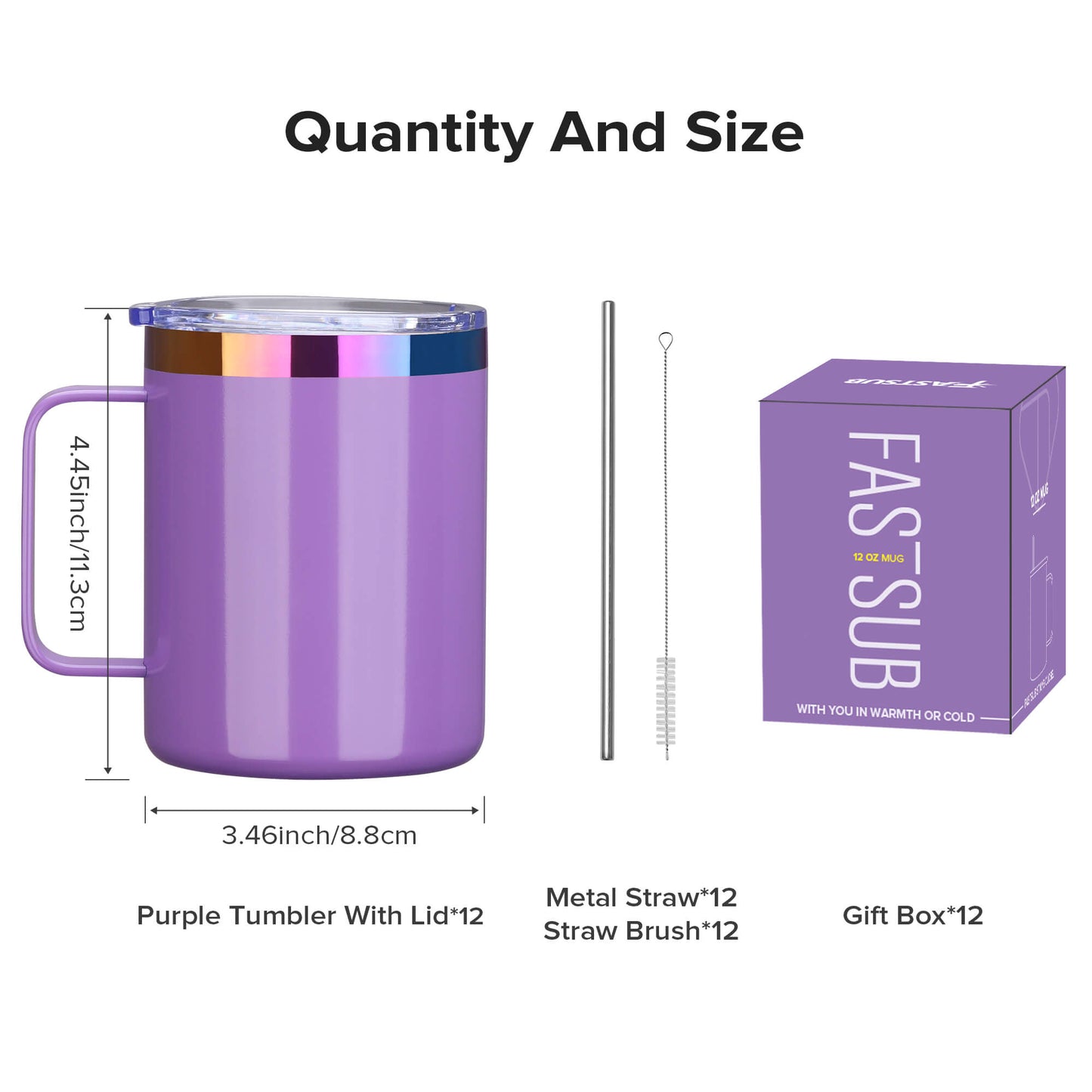 12 oz Stainless Steel Mug Rainbow Plated - Purple | 12 Pack - FASTSUB