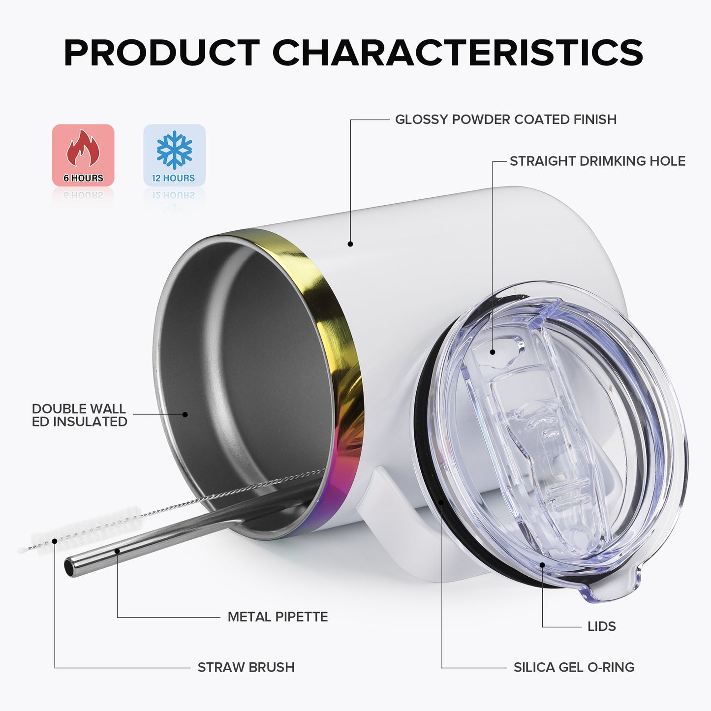 12 oz Stainless Steel Mug Rainbow Plated - White | 12 Pack - FASTSUB