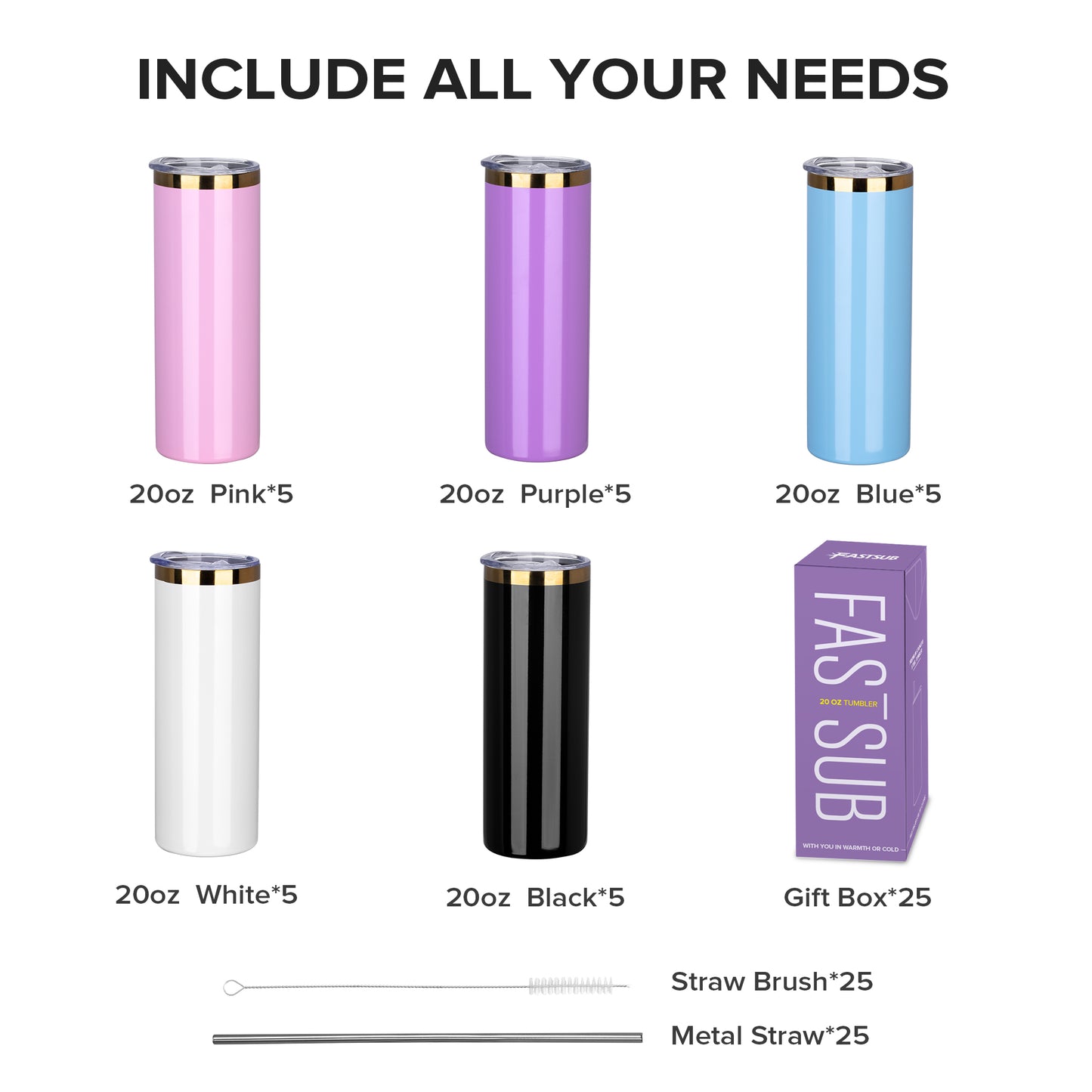 20 oz Powder Coated Skinny Tumbler - Gold Color Plated | 25 Pack - FASTSUB