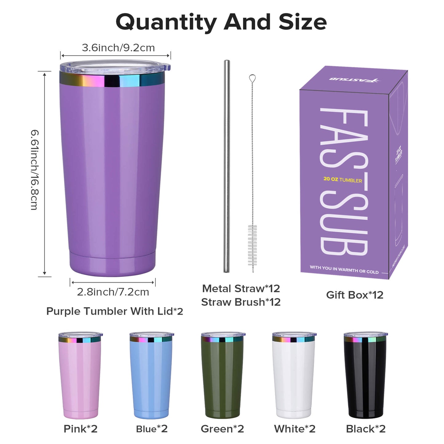 20 oz Stainless Steel Tumbler Rainbow Plated - Mixed Color | 12 Pack - FASTSUB