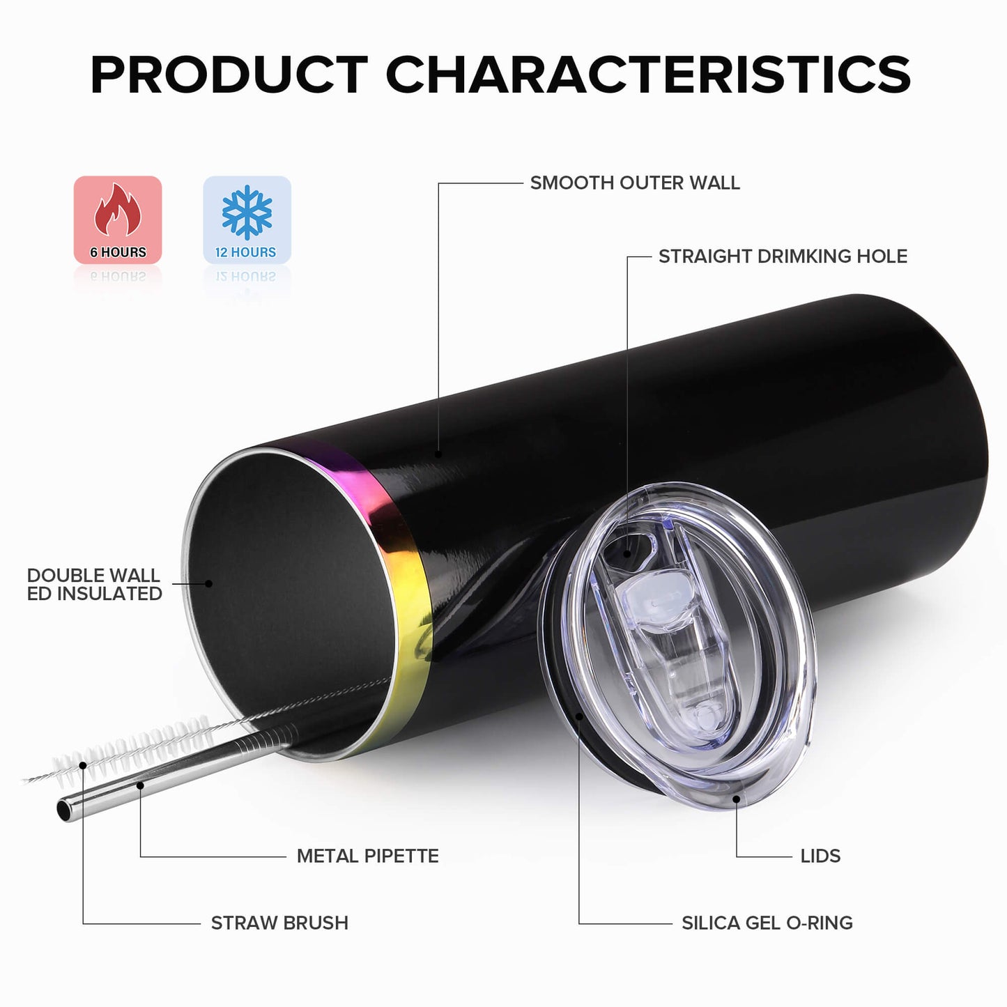 20 oz Glossy Coated Skinny Straight Tumbler - Black | 12 Pack