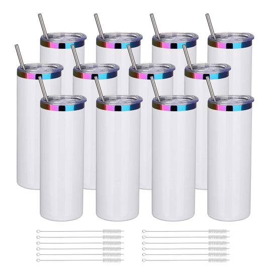 20 oz Glossy Coated Skinny Straight Tumbler - White | 12 Pack - FASTSUB