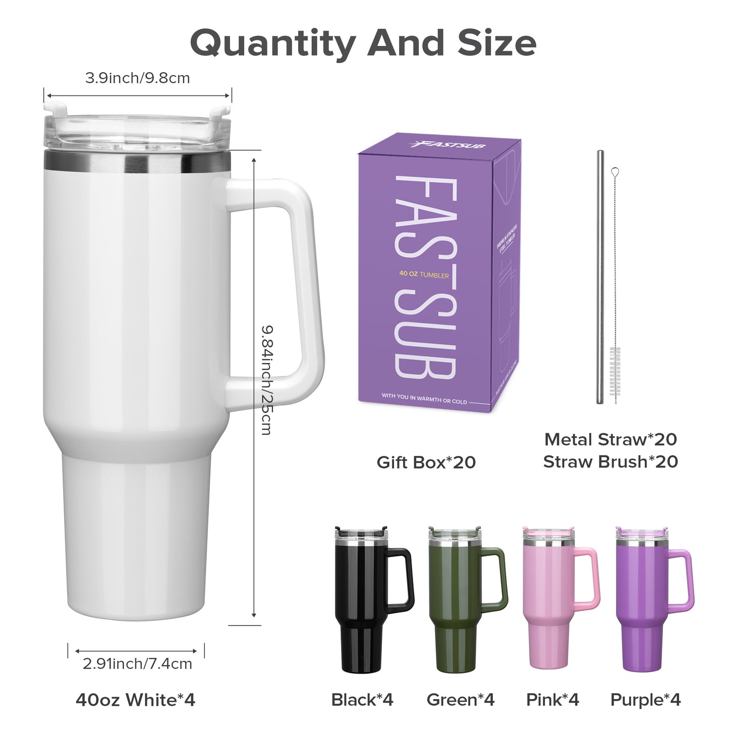 40oz Powder Coated Tumbler with Removable Handle | 20 Pack - FASTSUB