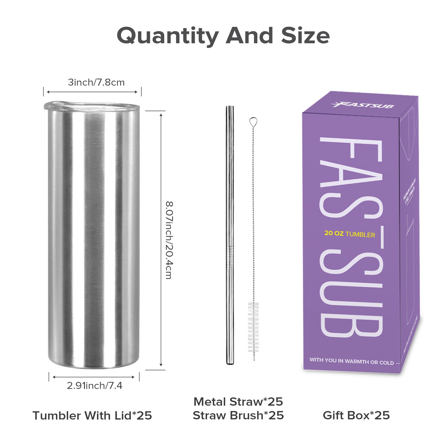 20 oz Skinny Stainless Steel Tumbler | 25 Pack - FASTSUB