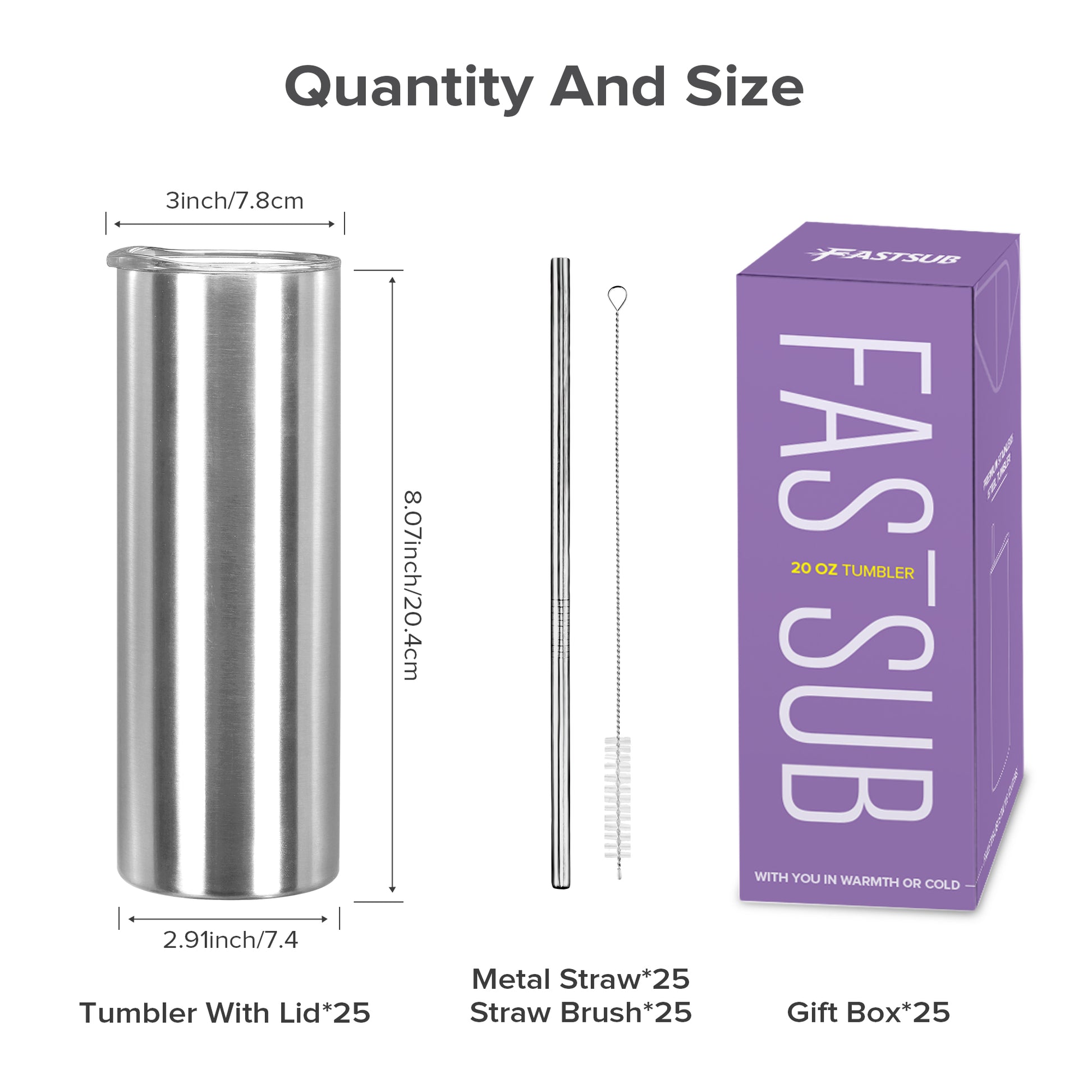 20 oz Skinny Stainless Steel Tumbler | 25 Pack - FASTSUB