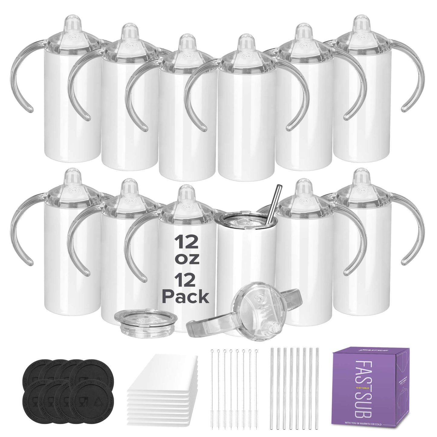 12 oz Sublimation Sippy Cups - 2 Lids | 12 Pack