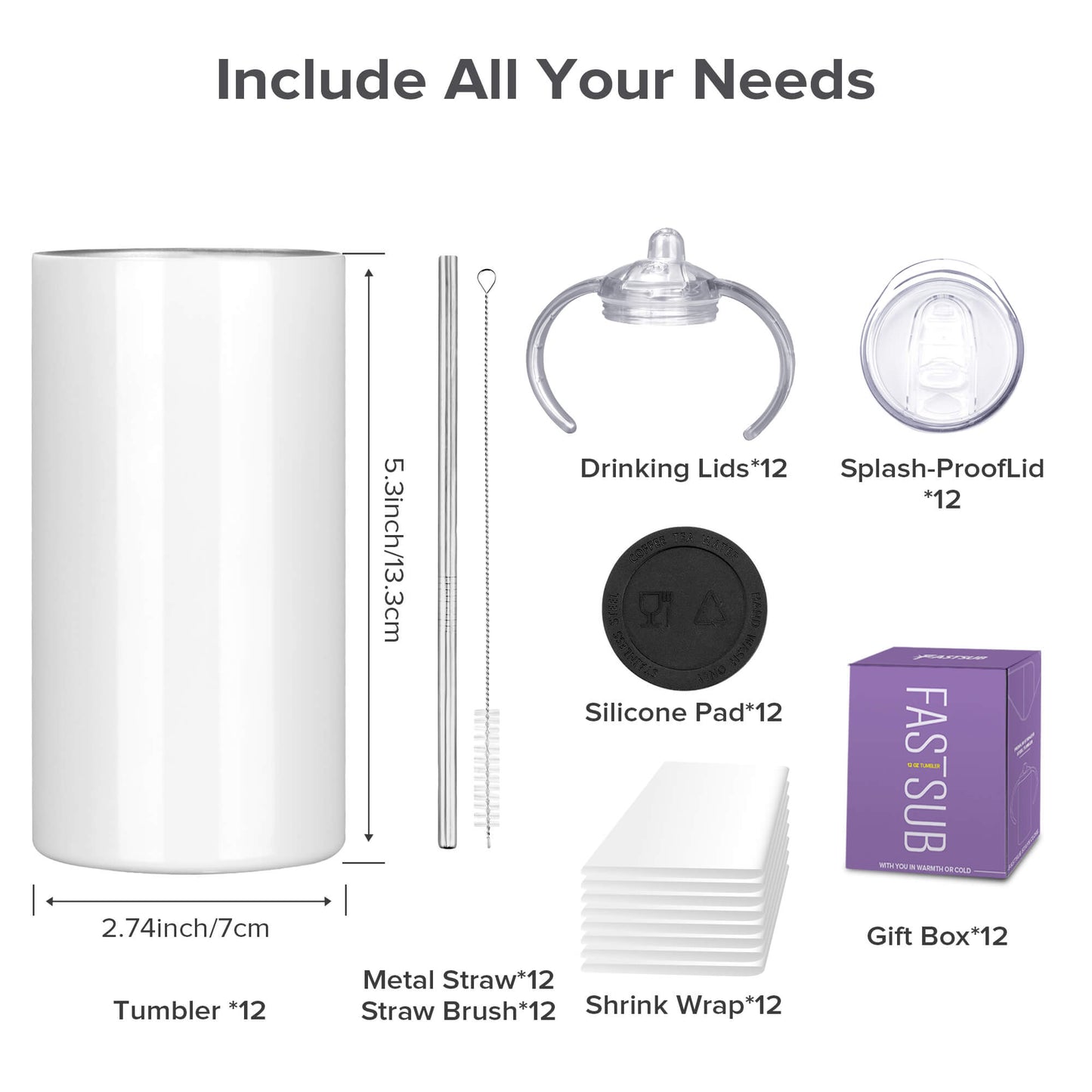 12 oz Sublimation Sippy Cups - 2 Lids | 12 Pack
