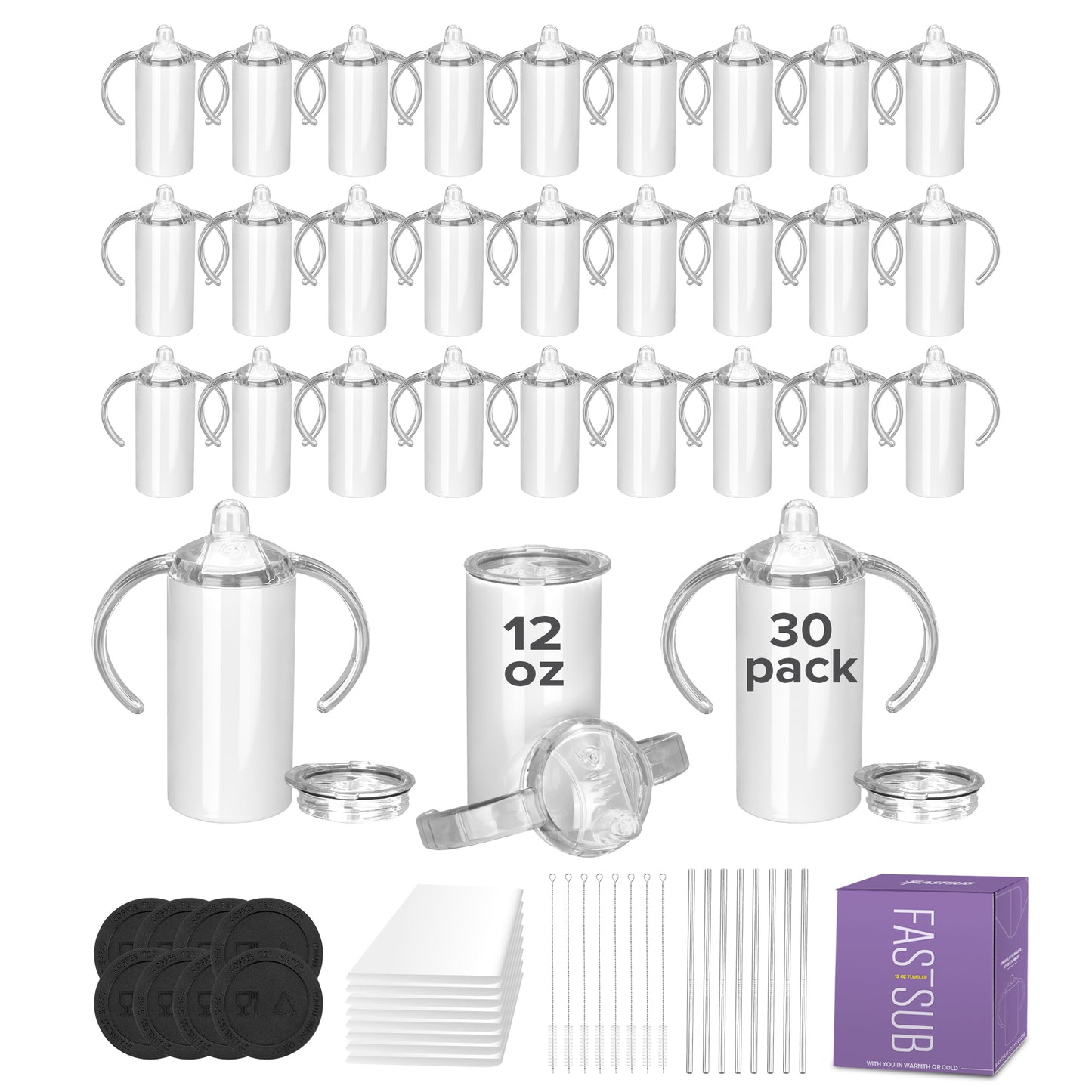 12 oz Sublimation Sippy Cups Tumbler Bulk - 2 Lids | 30 Pack - FASTSUB