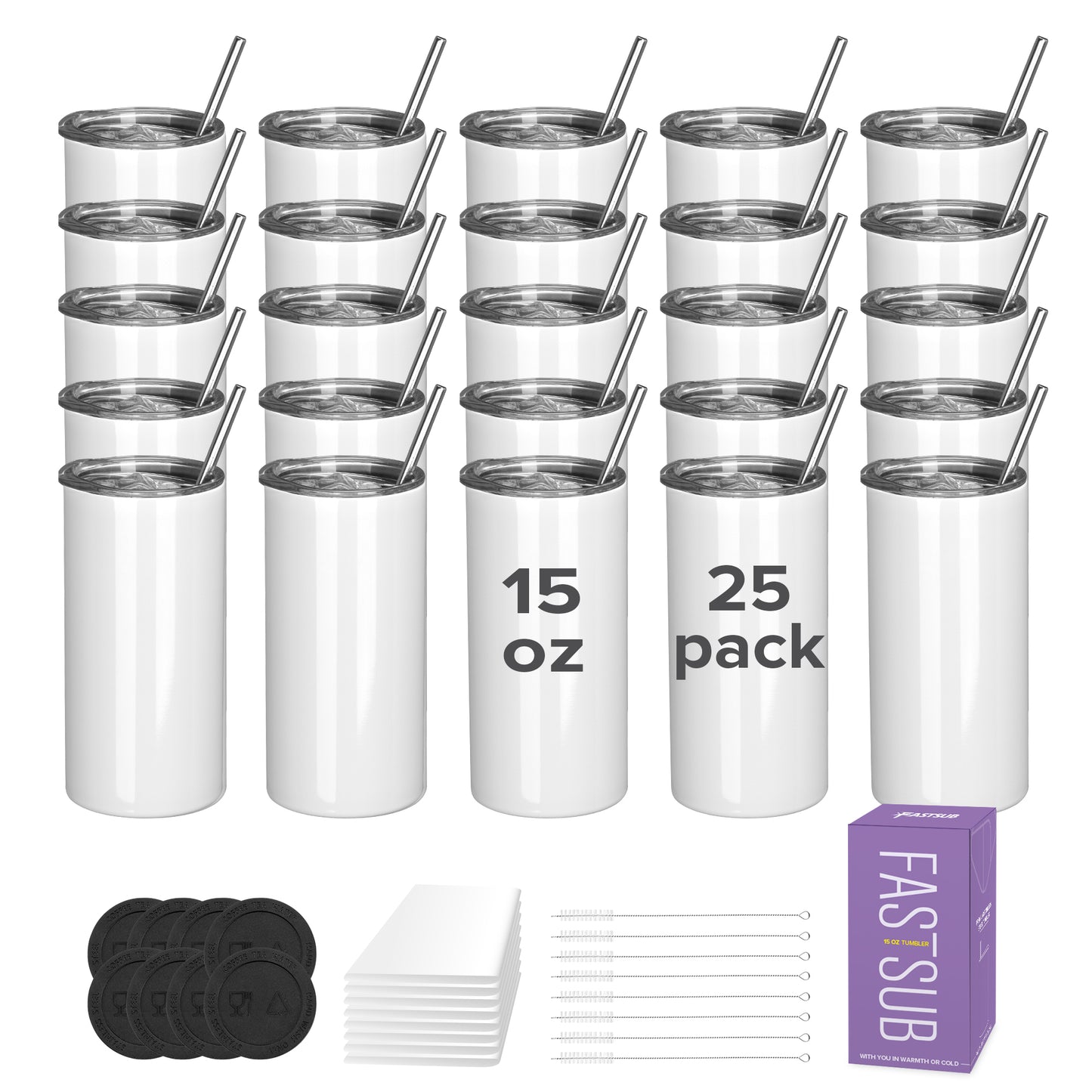 15 oz Sublimation Tumblers White Skinny | 25 Pack - FASTSUB
