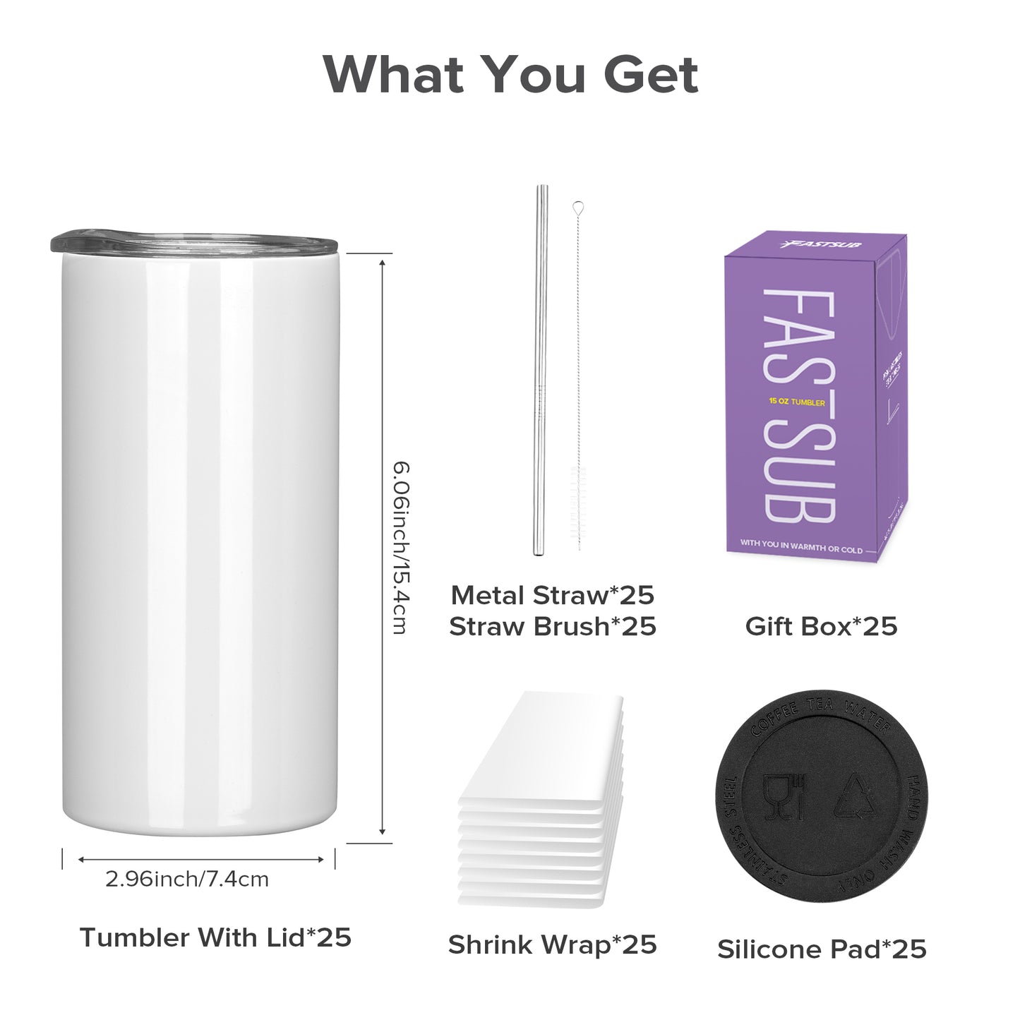 15 oz Sublimation Tumblers White Skinny | 25 Pack - FASTSUB