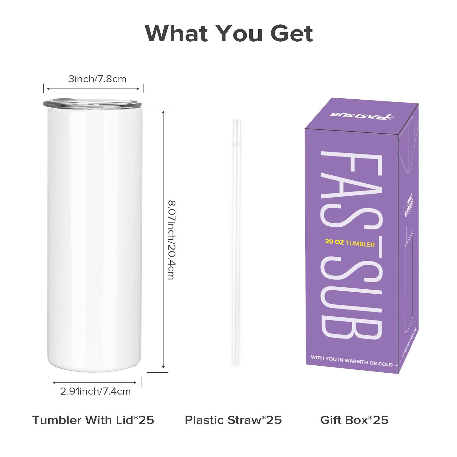 20 oz Skinny Sublimation Tumblers Wholesale | 25 Pack - FASTSUB