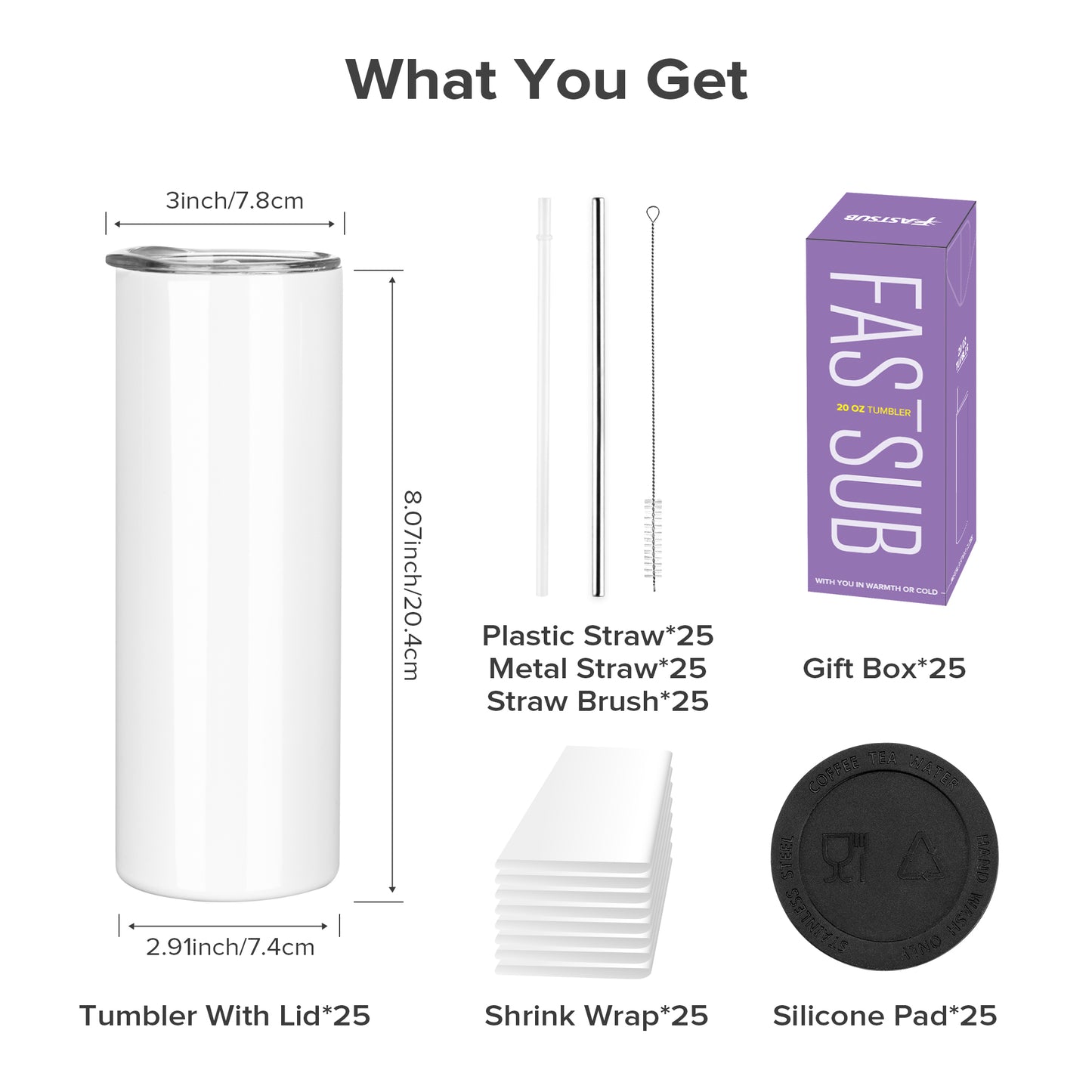 20 oz Skinny Sublimation Tumblers Wholesale | 25 Pack