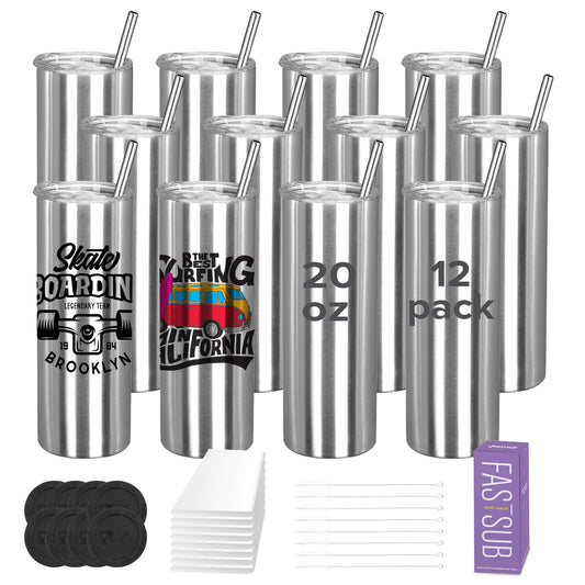 20 oz Stainless Steel Silver Sublimation Tumblers  | 12 Pack - FASTSUB