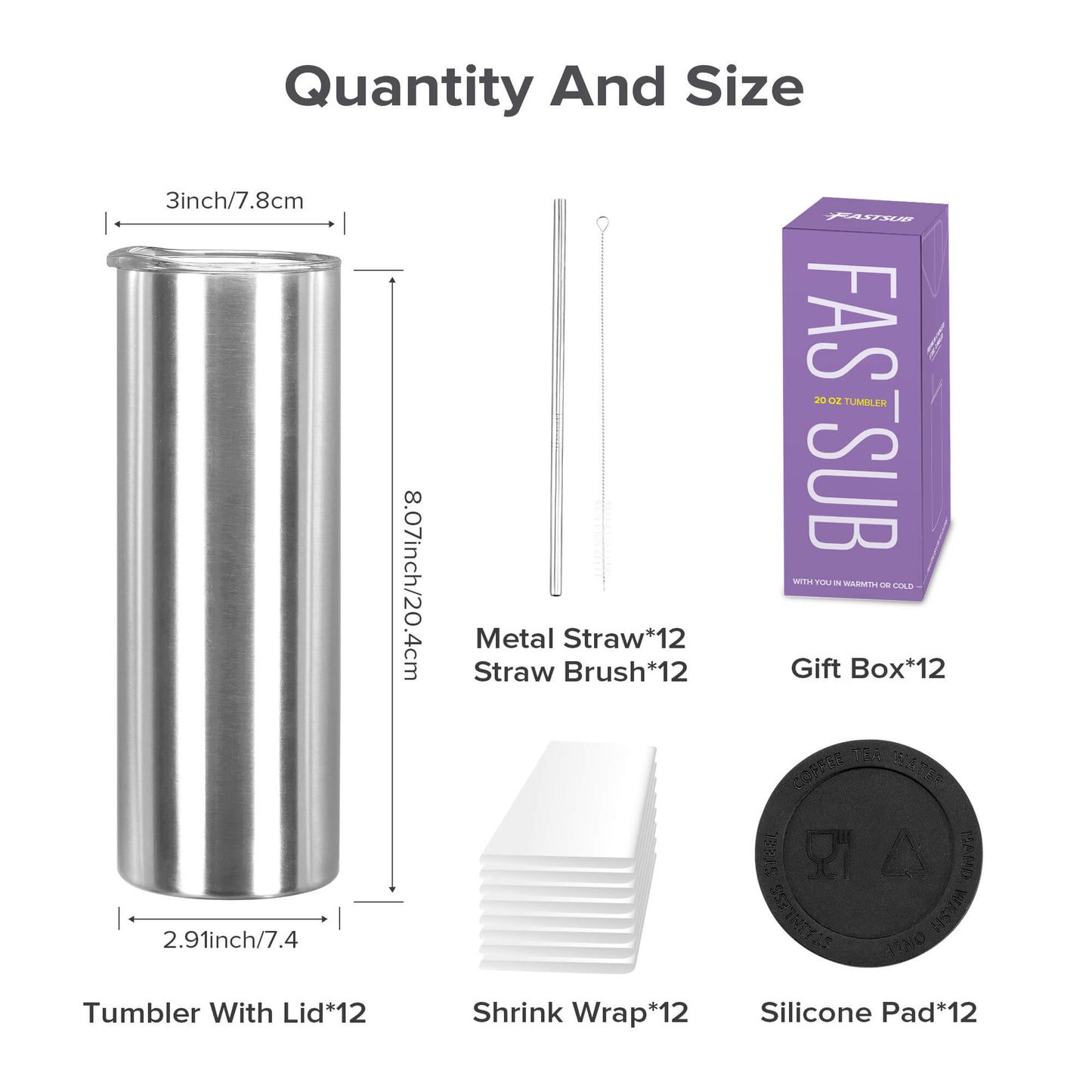 20 oz Stainless Steel Silver Sublimation Tumblers | 12 Pack
