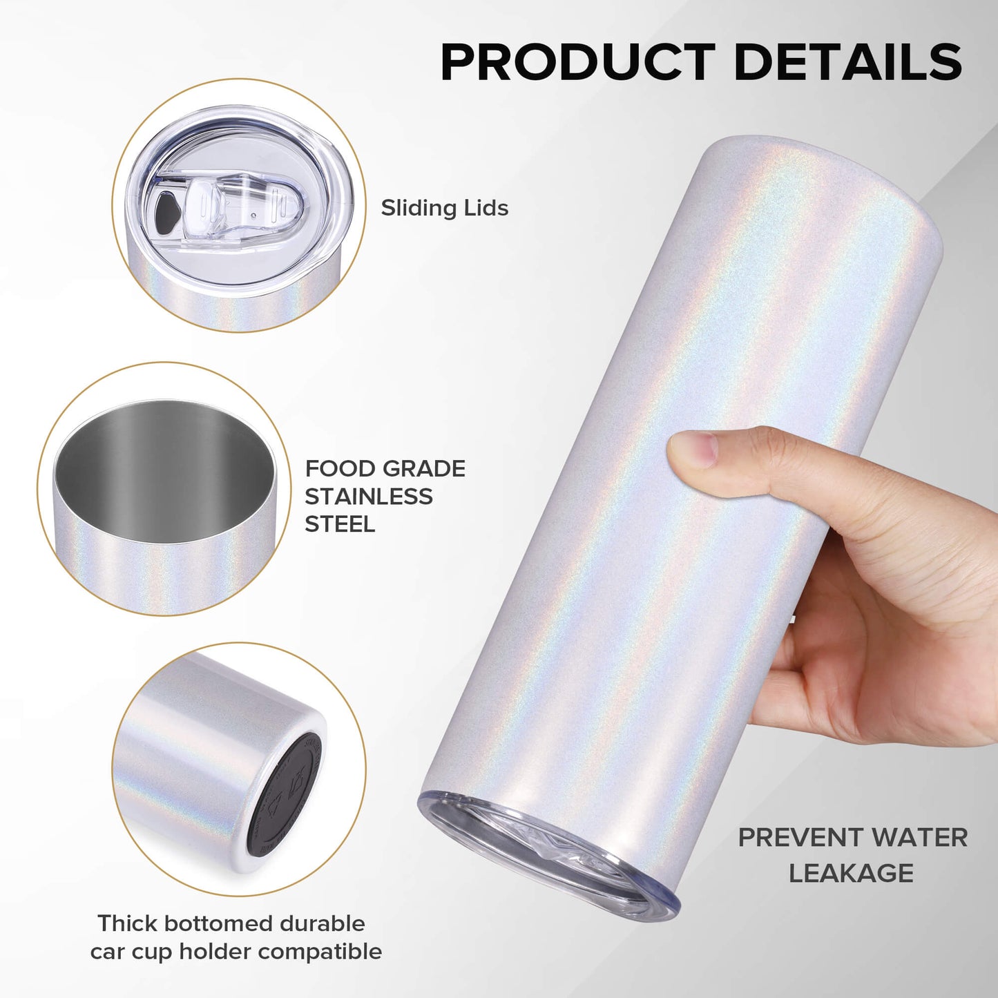 20 oz Skinny Holographic Sublimation Tumblers White | 12 Pack